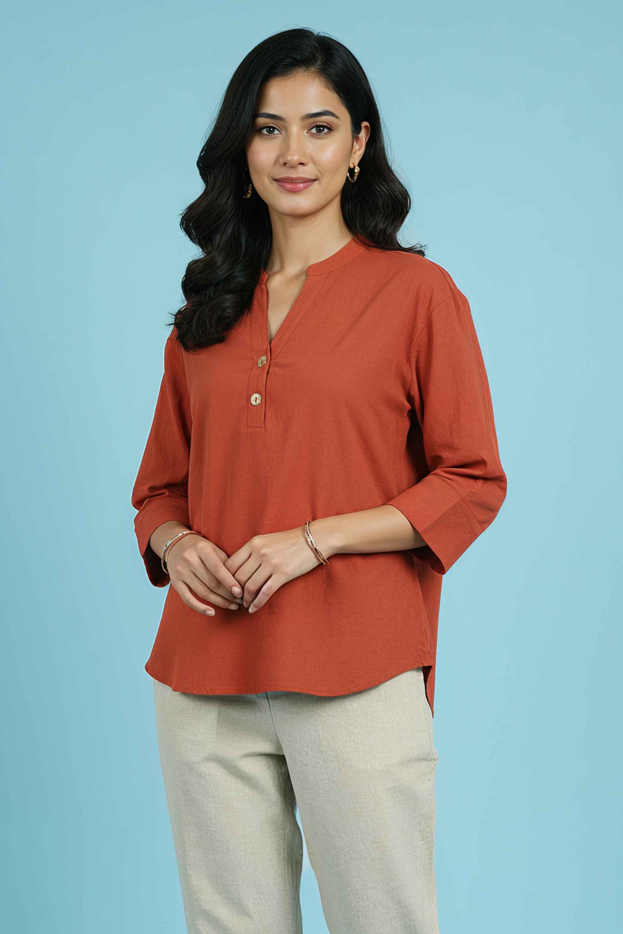 Solid-Cotton-Round-Neck-Women-Top