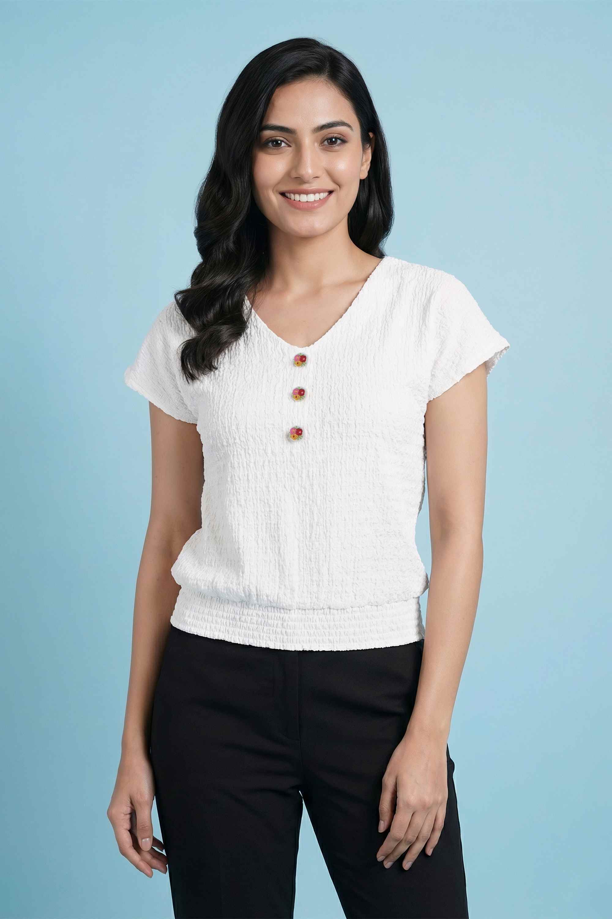 Textured-Poly-Elastane-V-Neck-Women-s-Top-with-3-Button-detailing
