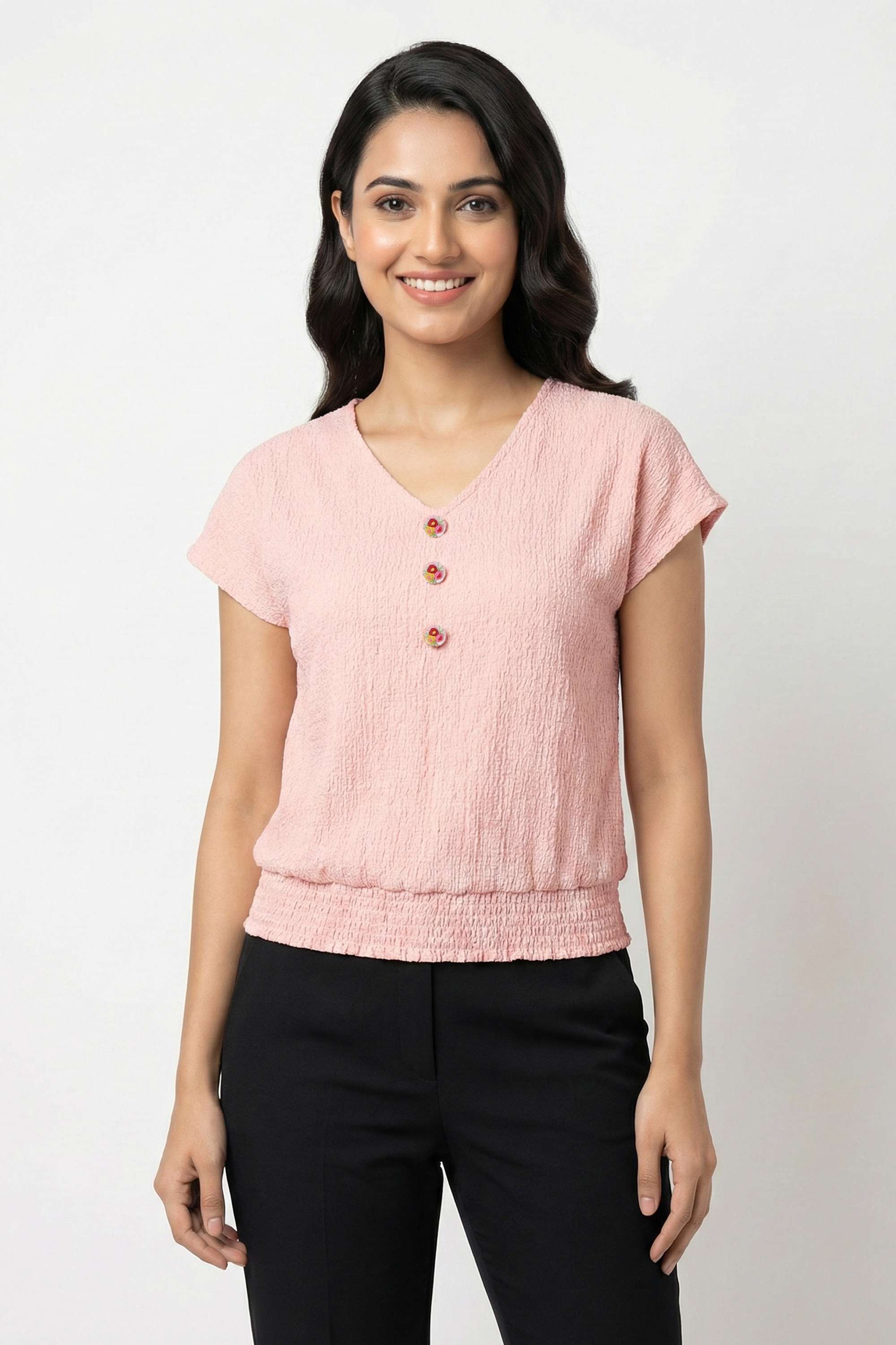 Textured-Poly-Elastane-V-Neck-Women-s-Top-with-3-Button-detailing
