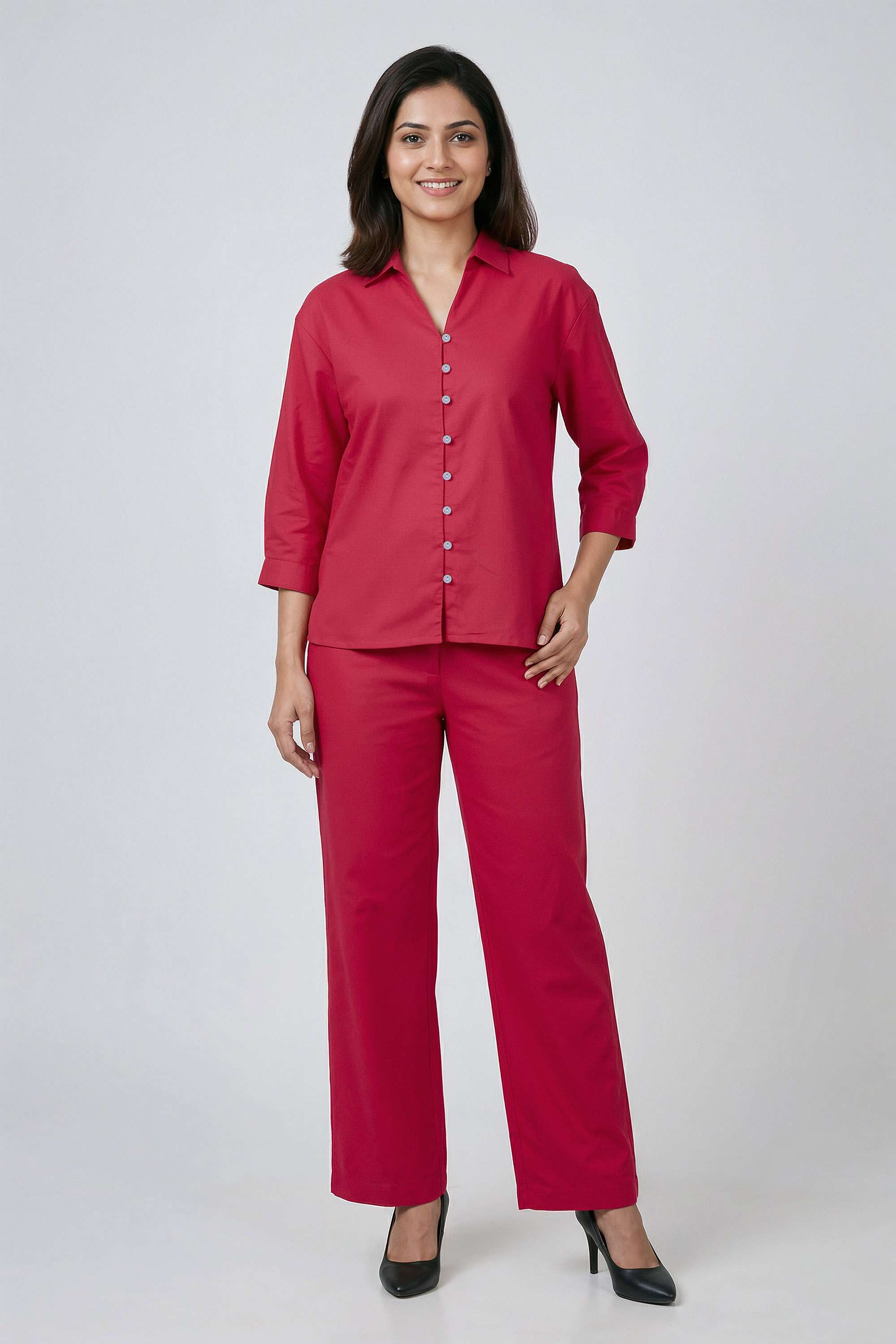 Printed-Collared-Blended-Fabric-Women-s-Co-Ord-Set