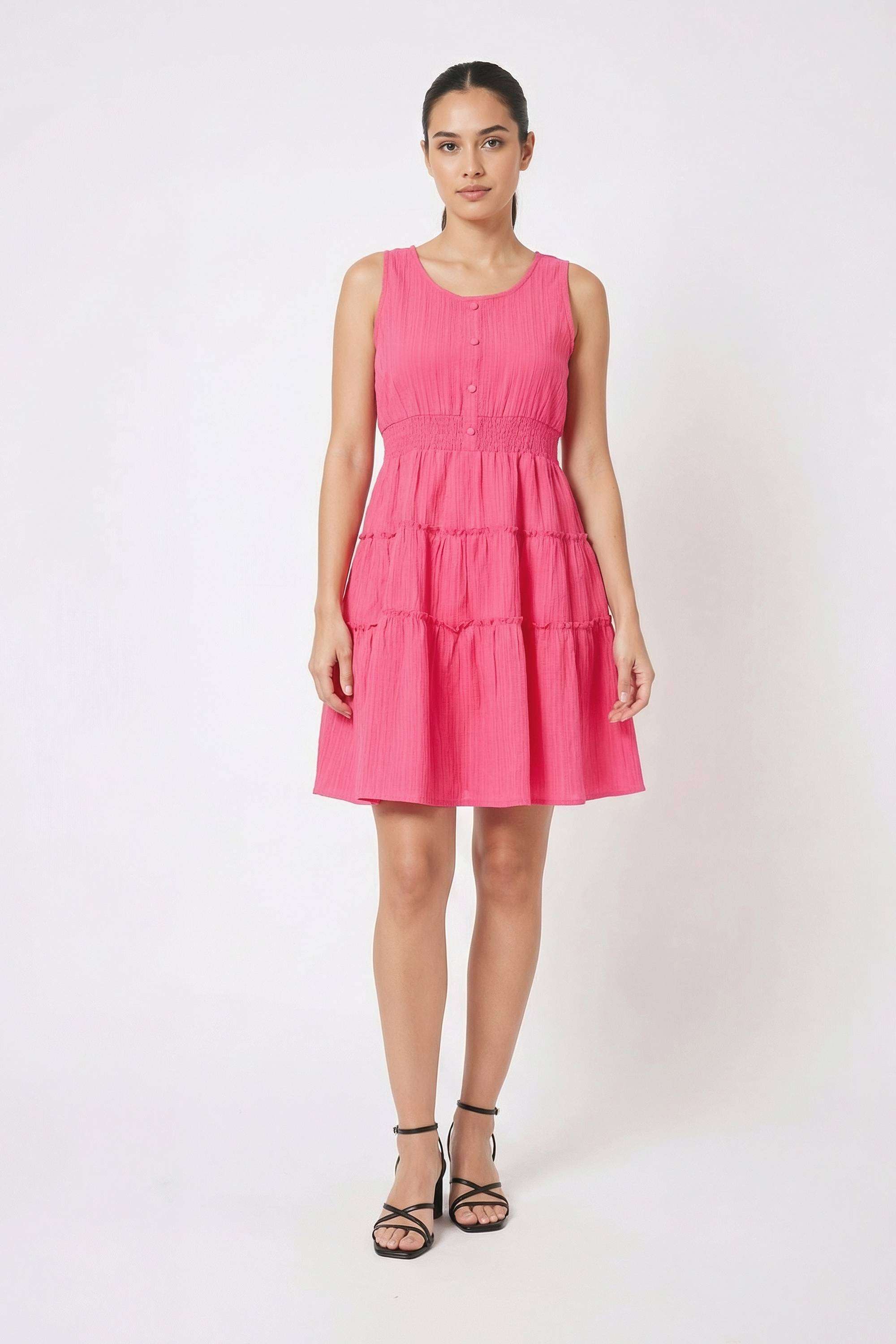 Solid-Round-Neck-Blended-Fabric-Women-Dress