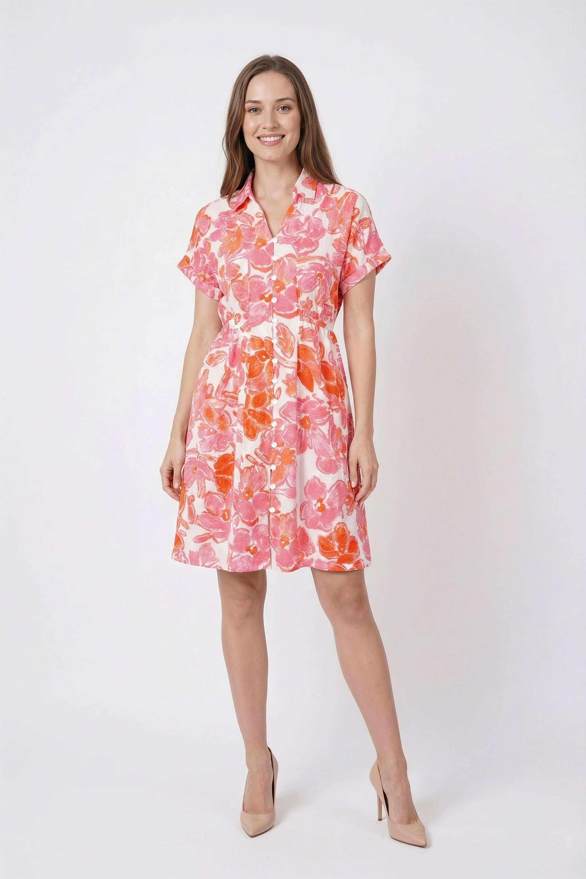 Floral-Collared-Blended-Fabric-Women-Dress
