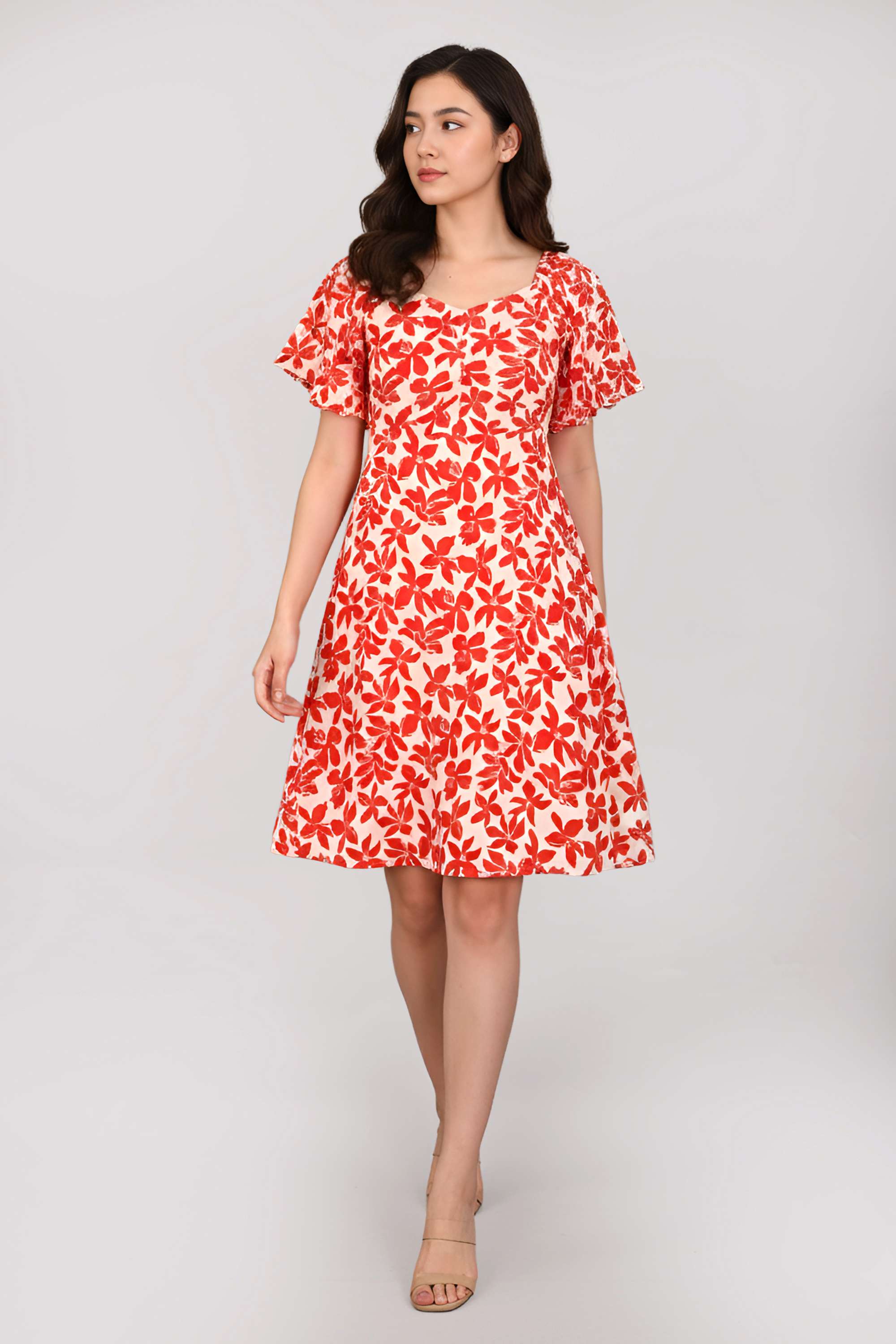 Floral-Sweetheart-Neck-Blended-Fabric-Women-Dress