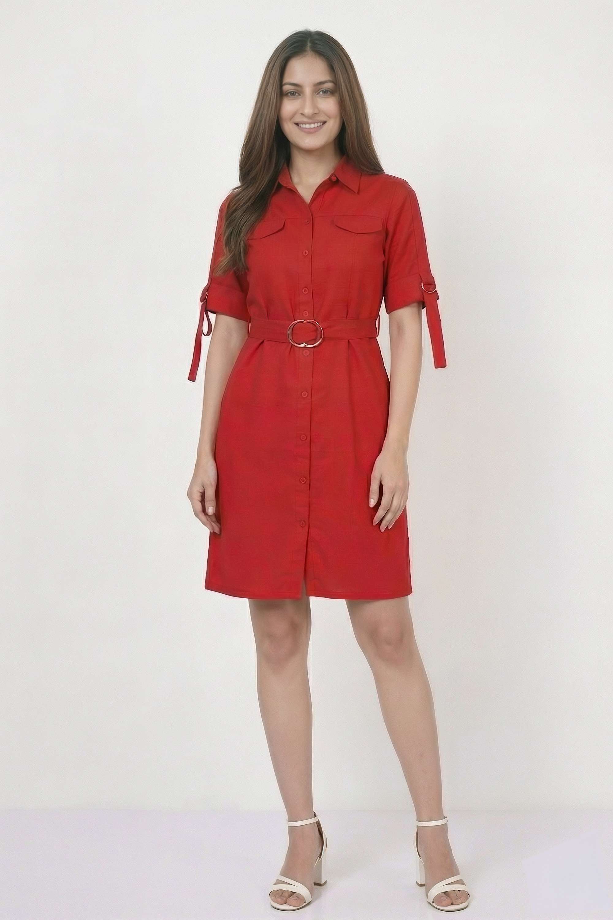 Solid-Collared-Blended-Fabric-Women-Dress