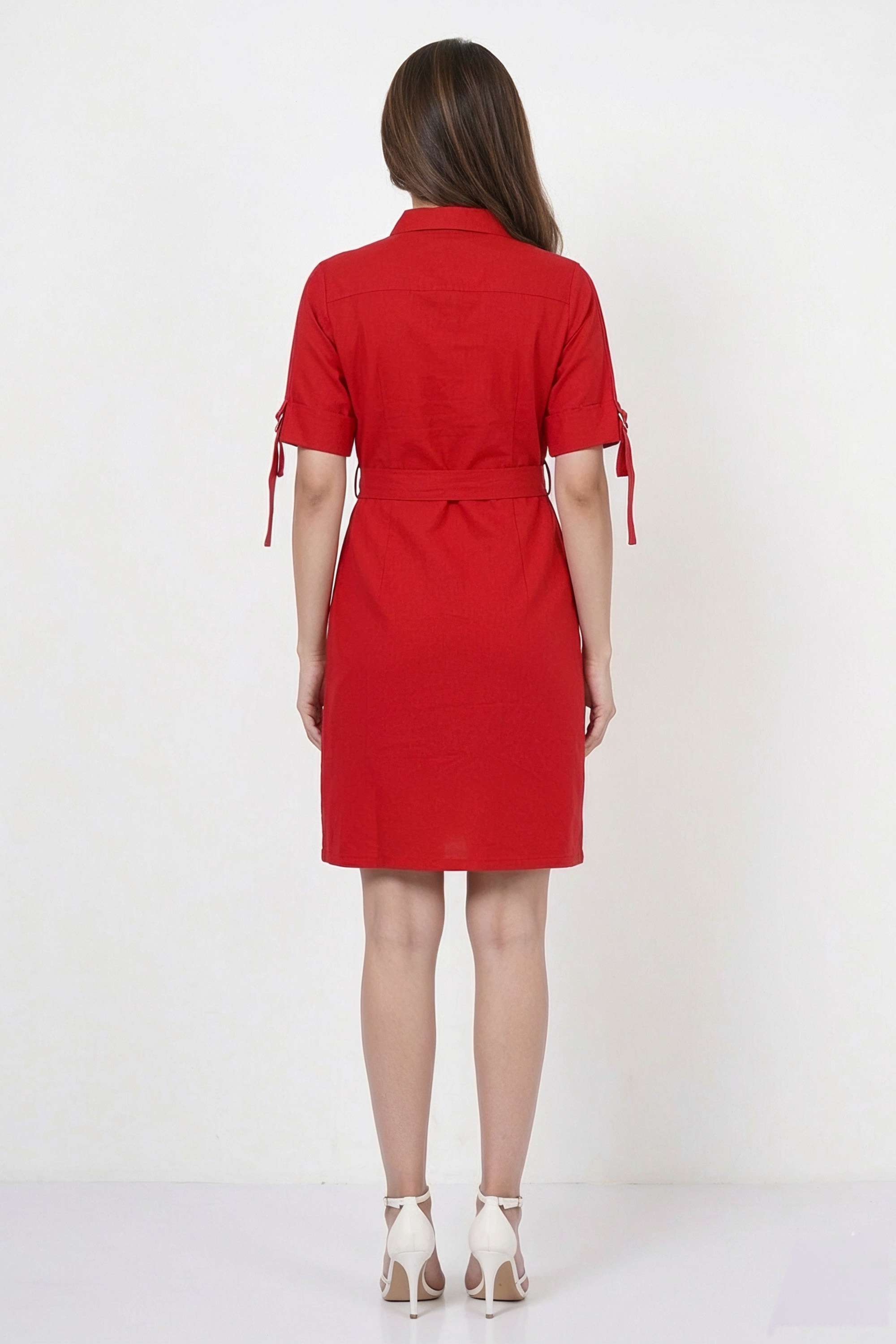 Solid-Collared-Blended-Fabric-Women-Dress