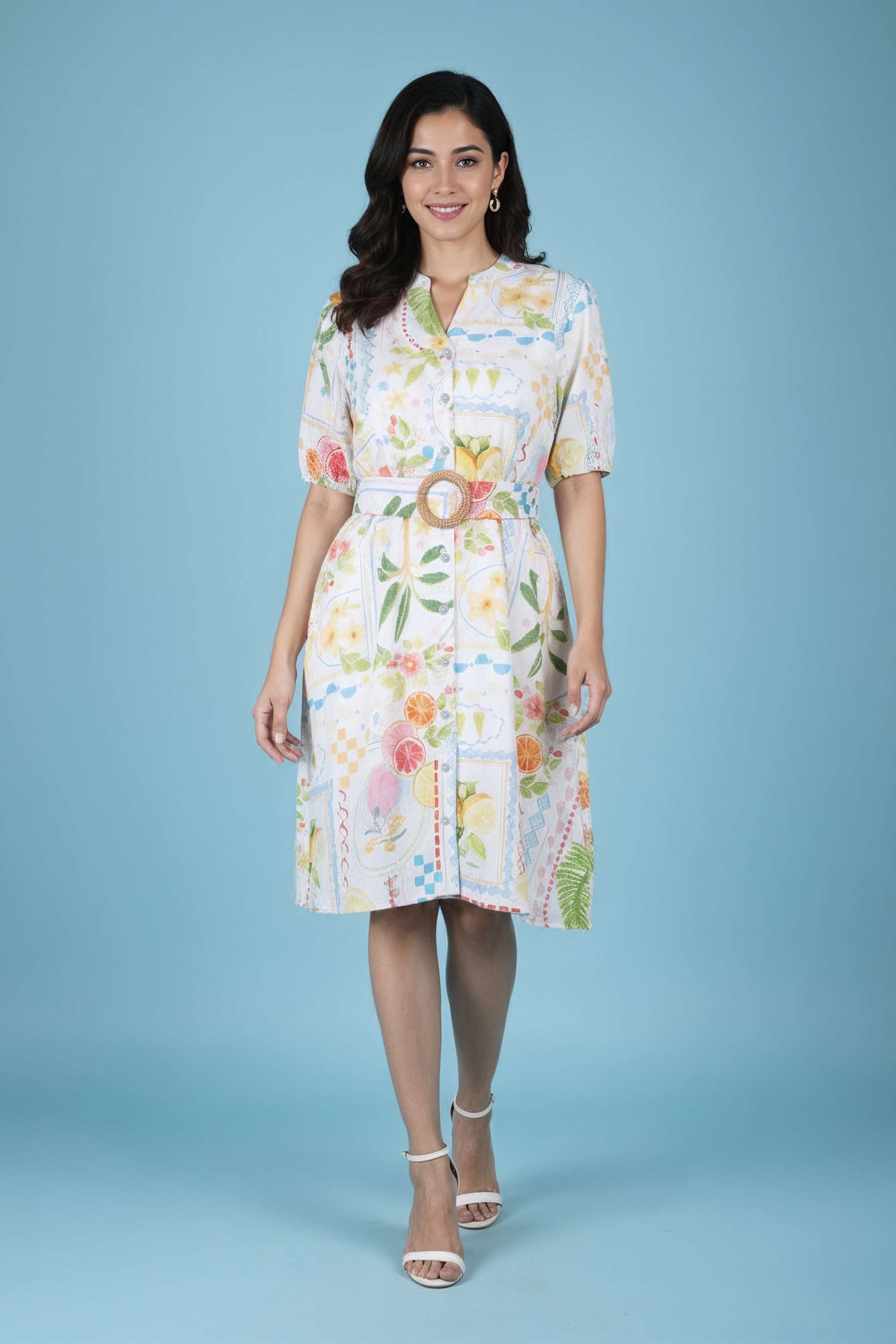Printed-Henley-Blended-Fabric-Women-Dress