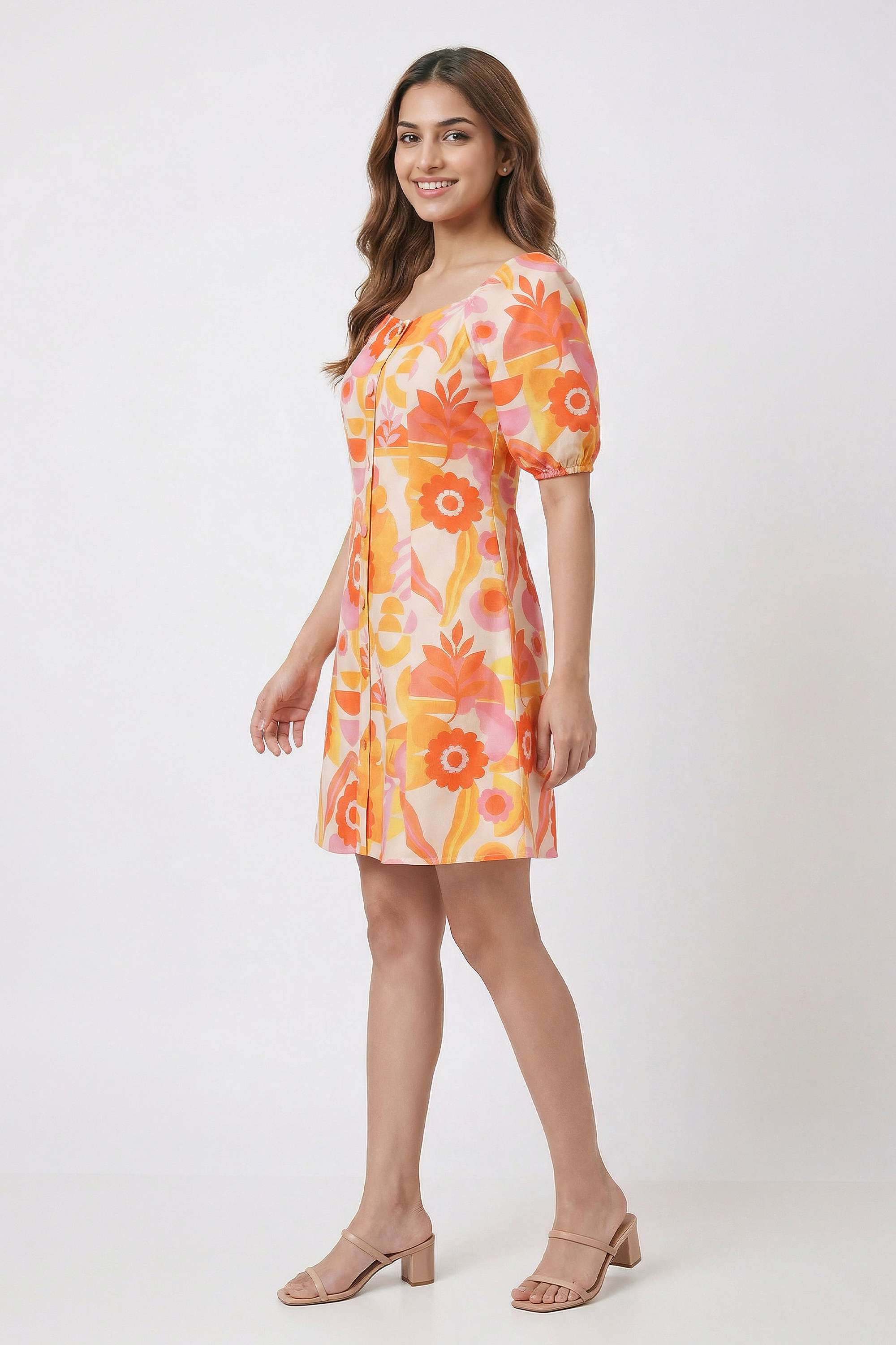Printed-Square-Neck-Blended-Fabric-Women-s-Dress