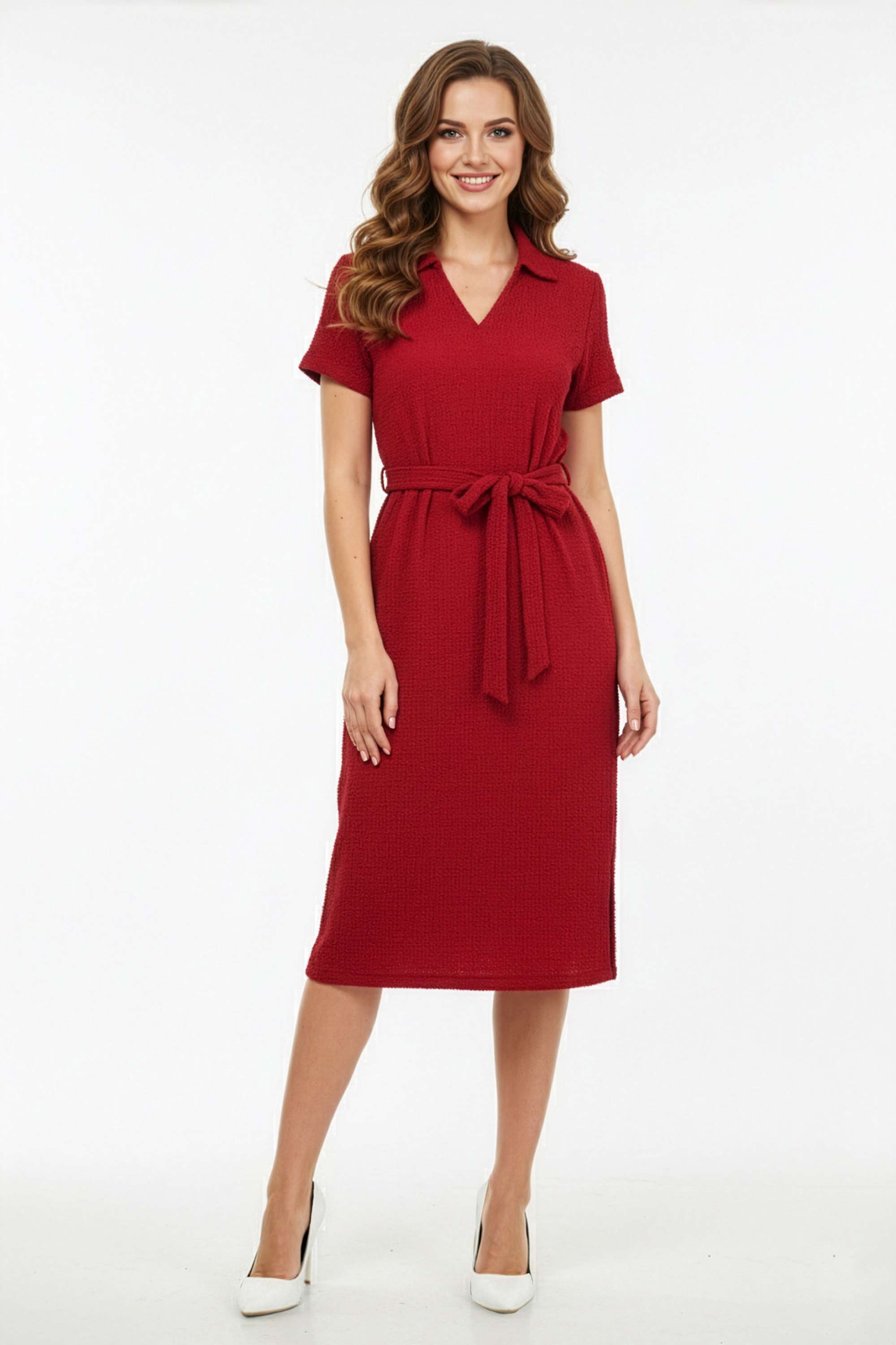 Solid-V-Neck-Blended-Fabric-Women-Dress