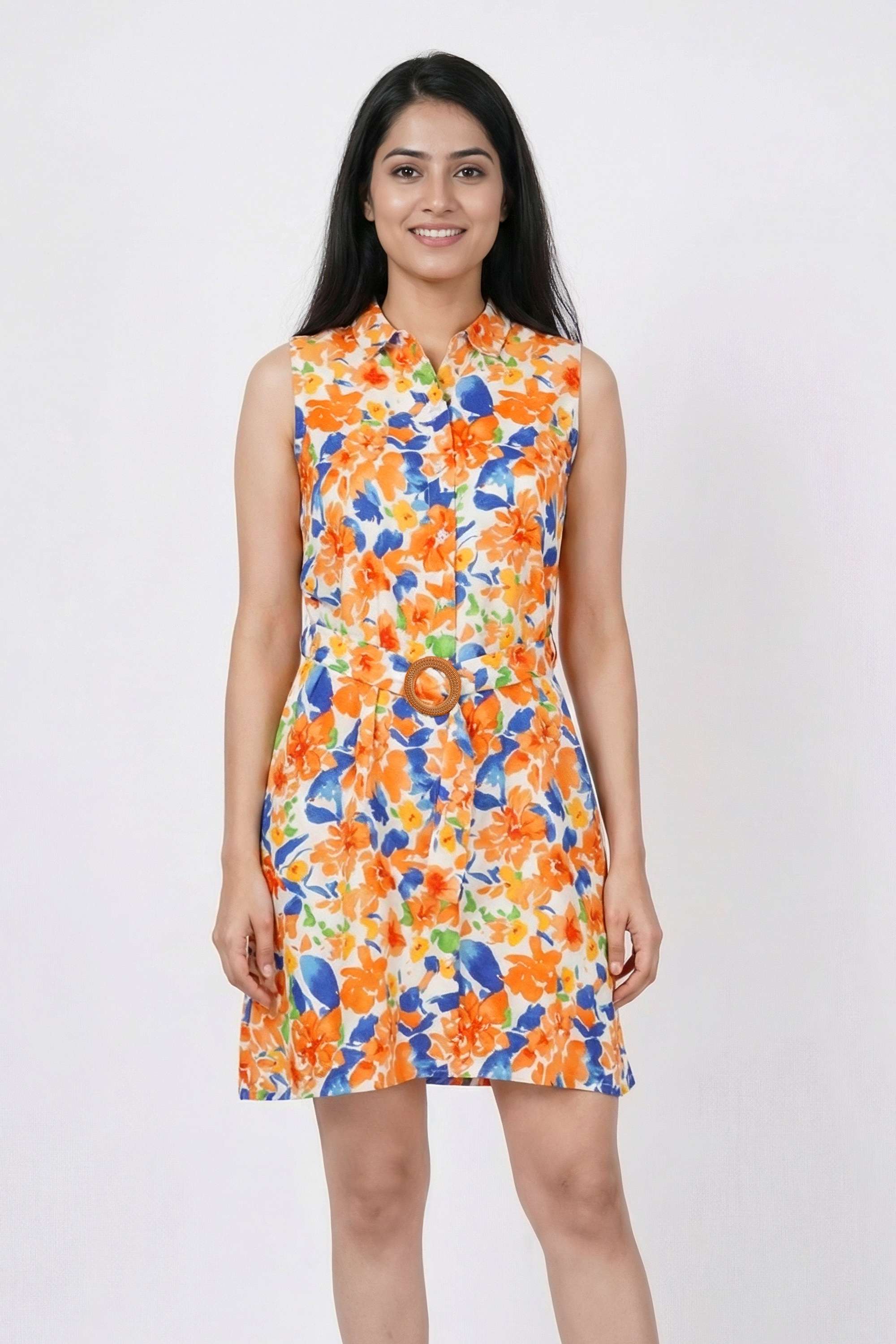 Floral-Collared-Blended-Fabric-Women-Dress