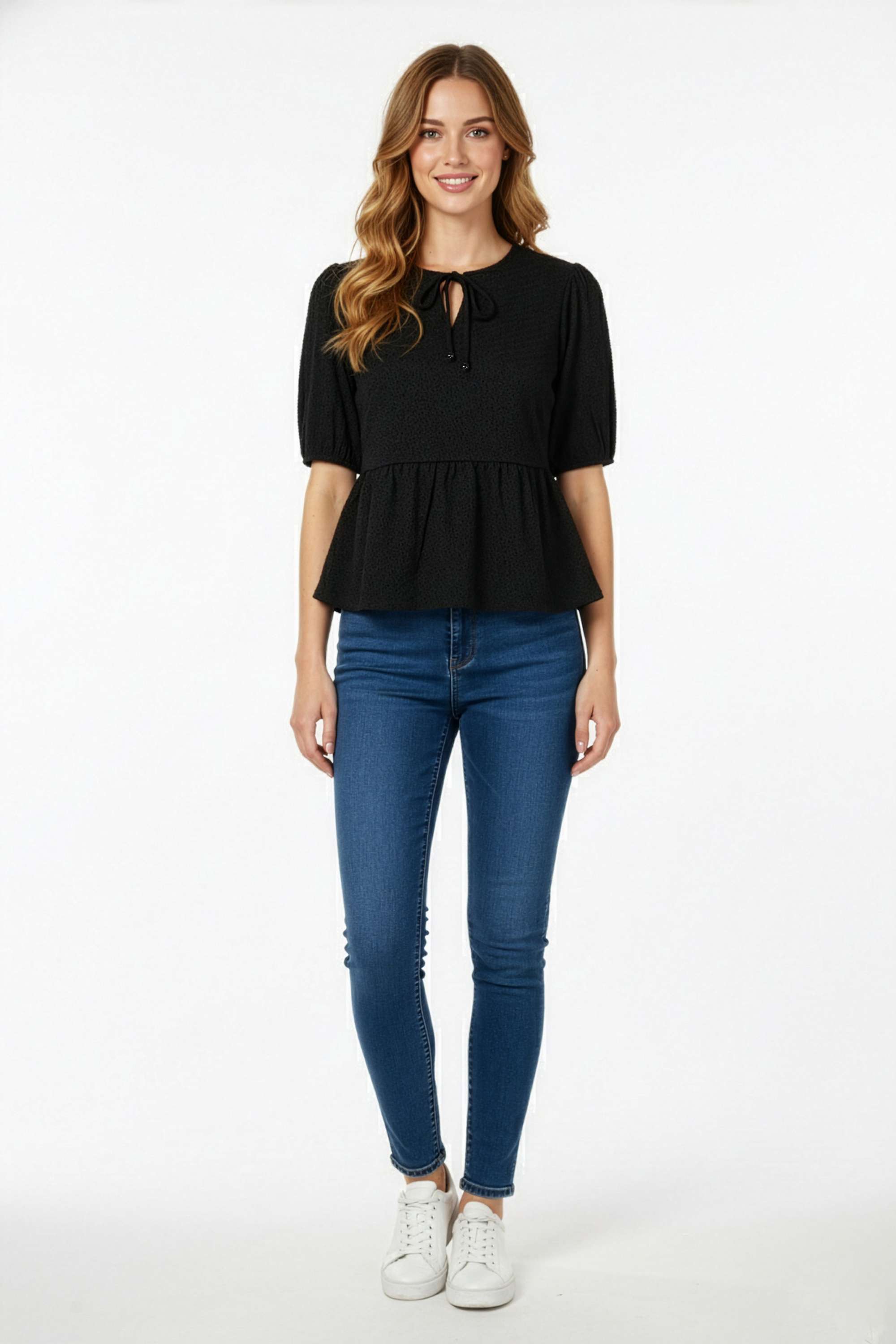 Textured-Cotton-Tie-Up-Neck-Women-s-Top