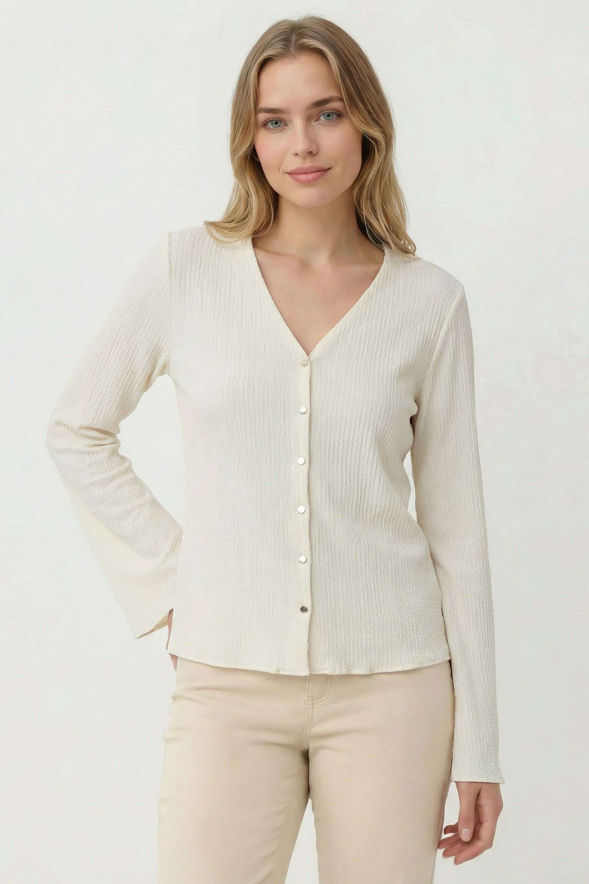 Solid-Blended-Fabric-V-Neck-Women-s-Top