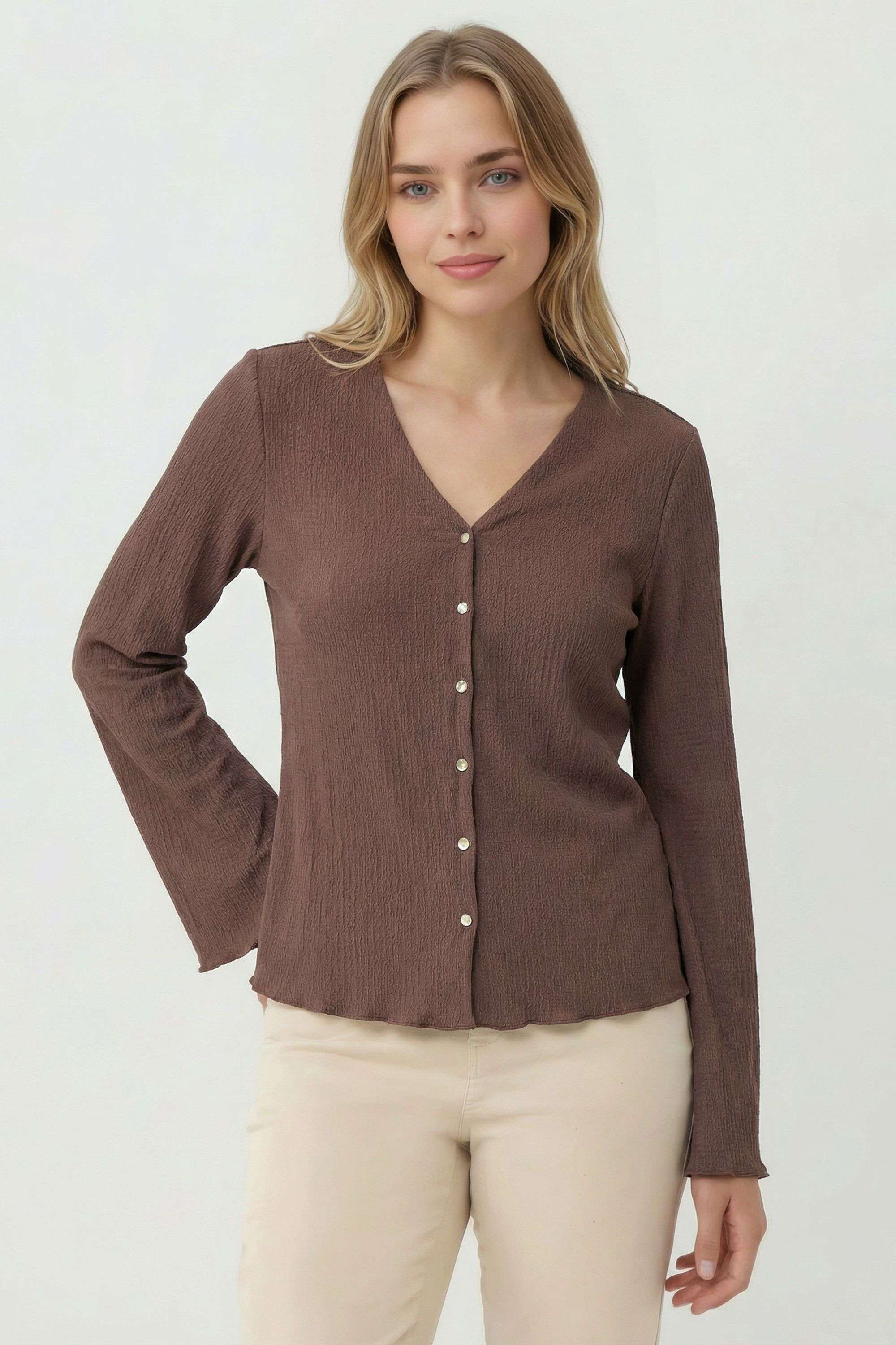 Solid-Blended-Fabric-V-Neck-Women-s-Top