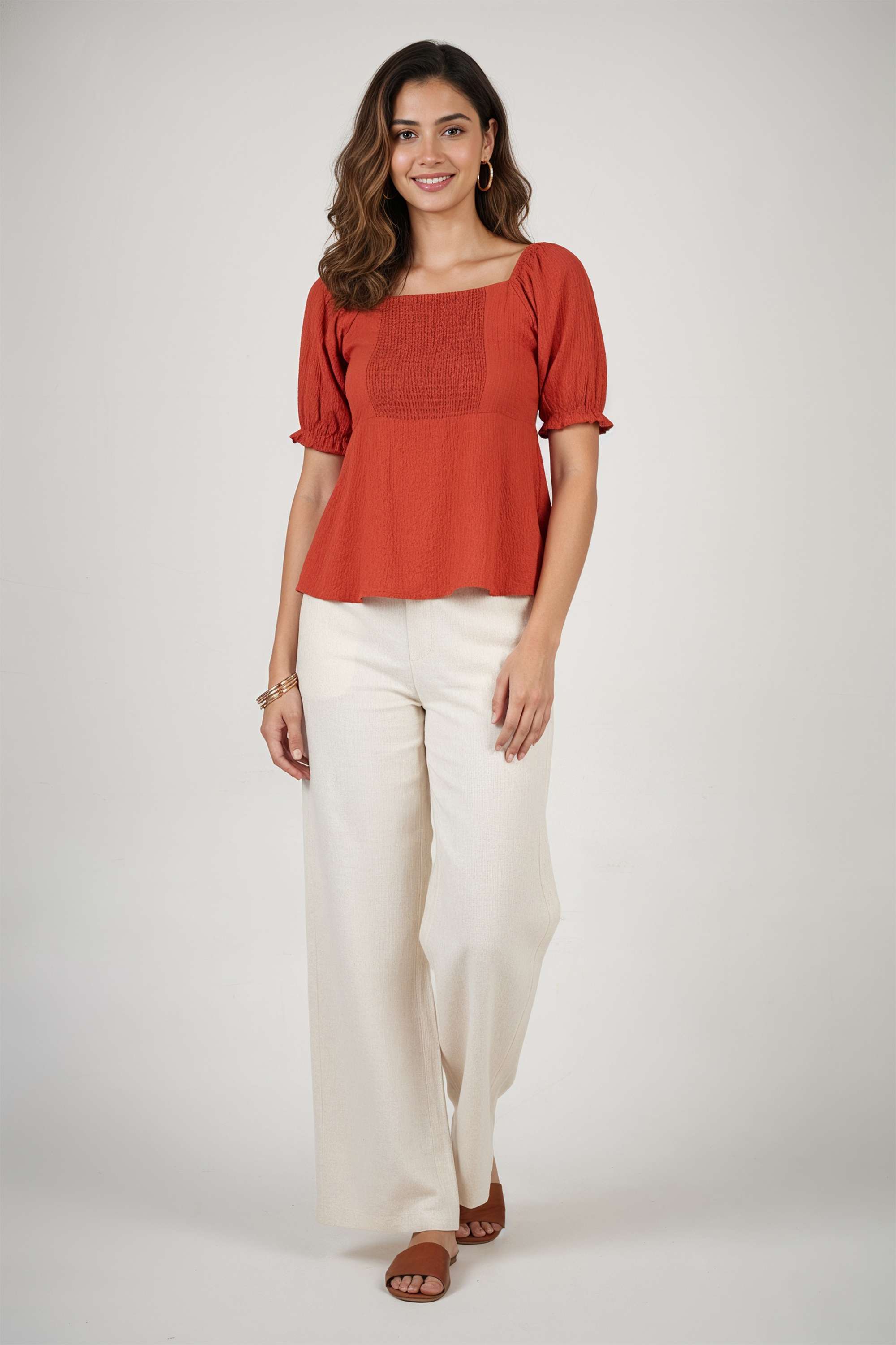 Solid-Blended-Fabric-Square-Neck-Women-Top