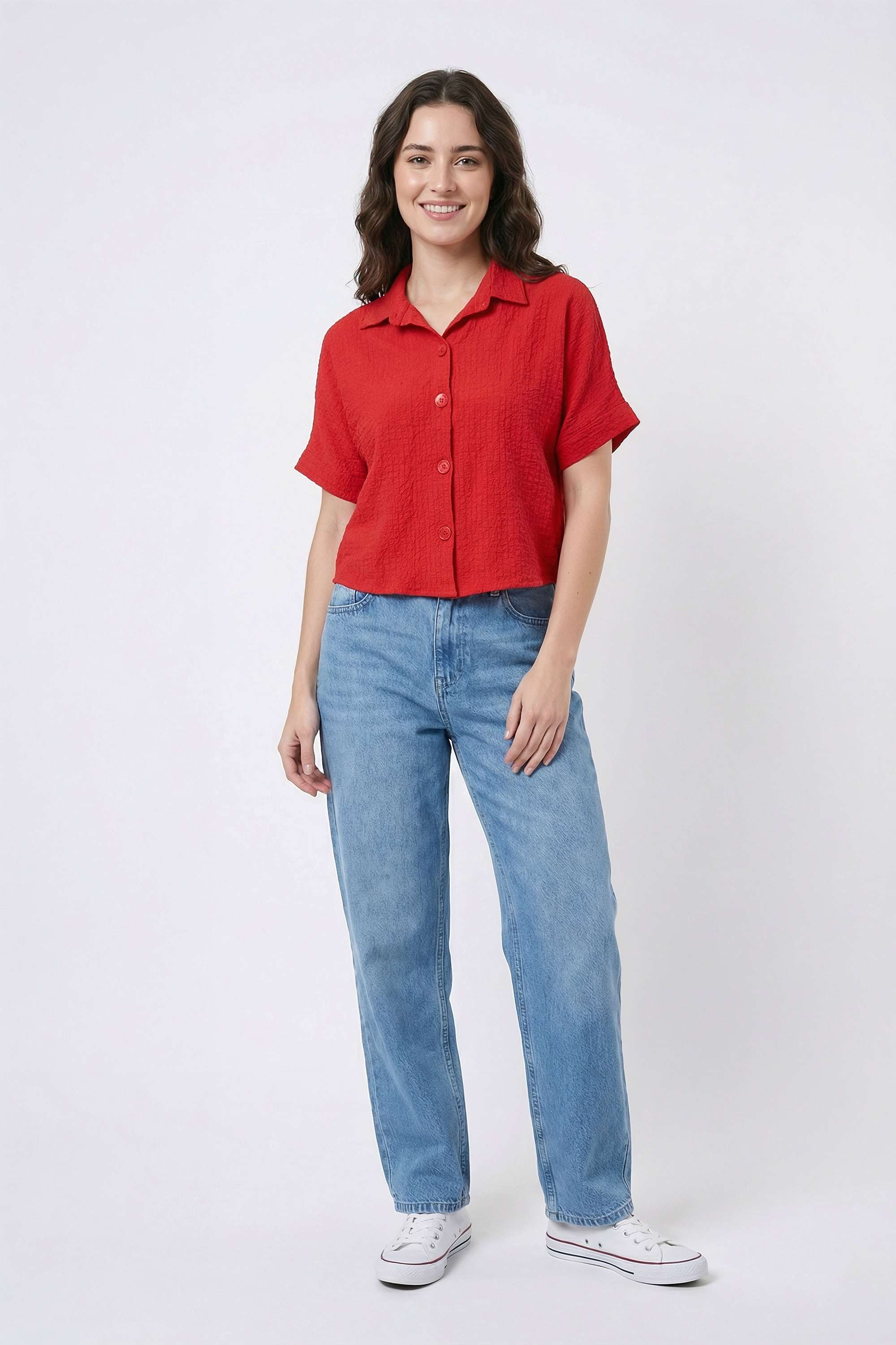 Solid-Collared-Blended-Fabric-Women-Casual-Wear-Shirt
