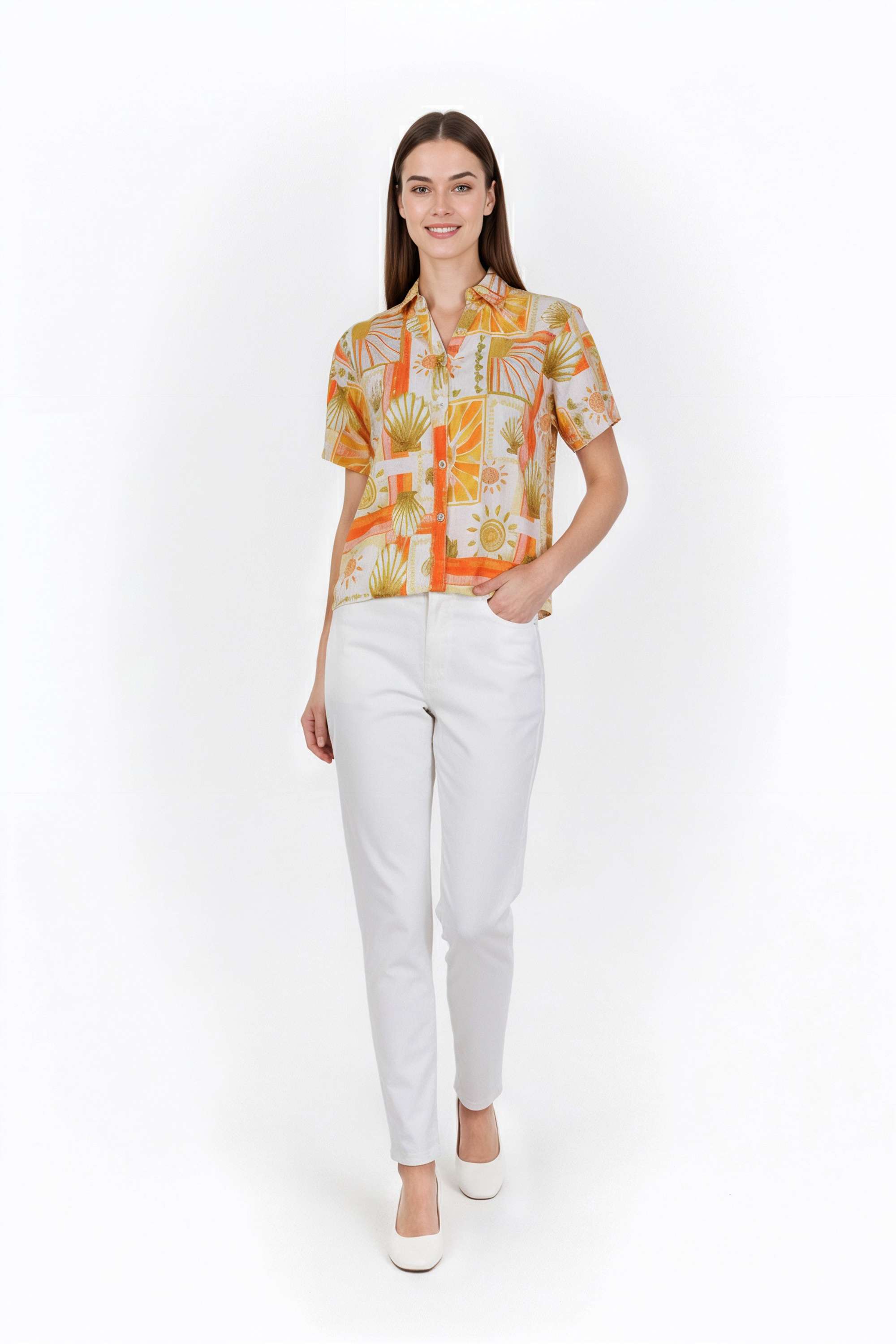 Graphic-Print-Collared-Blended-Fabric-Women-Casual-Wear-Shirt