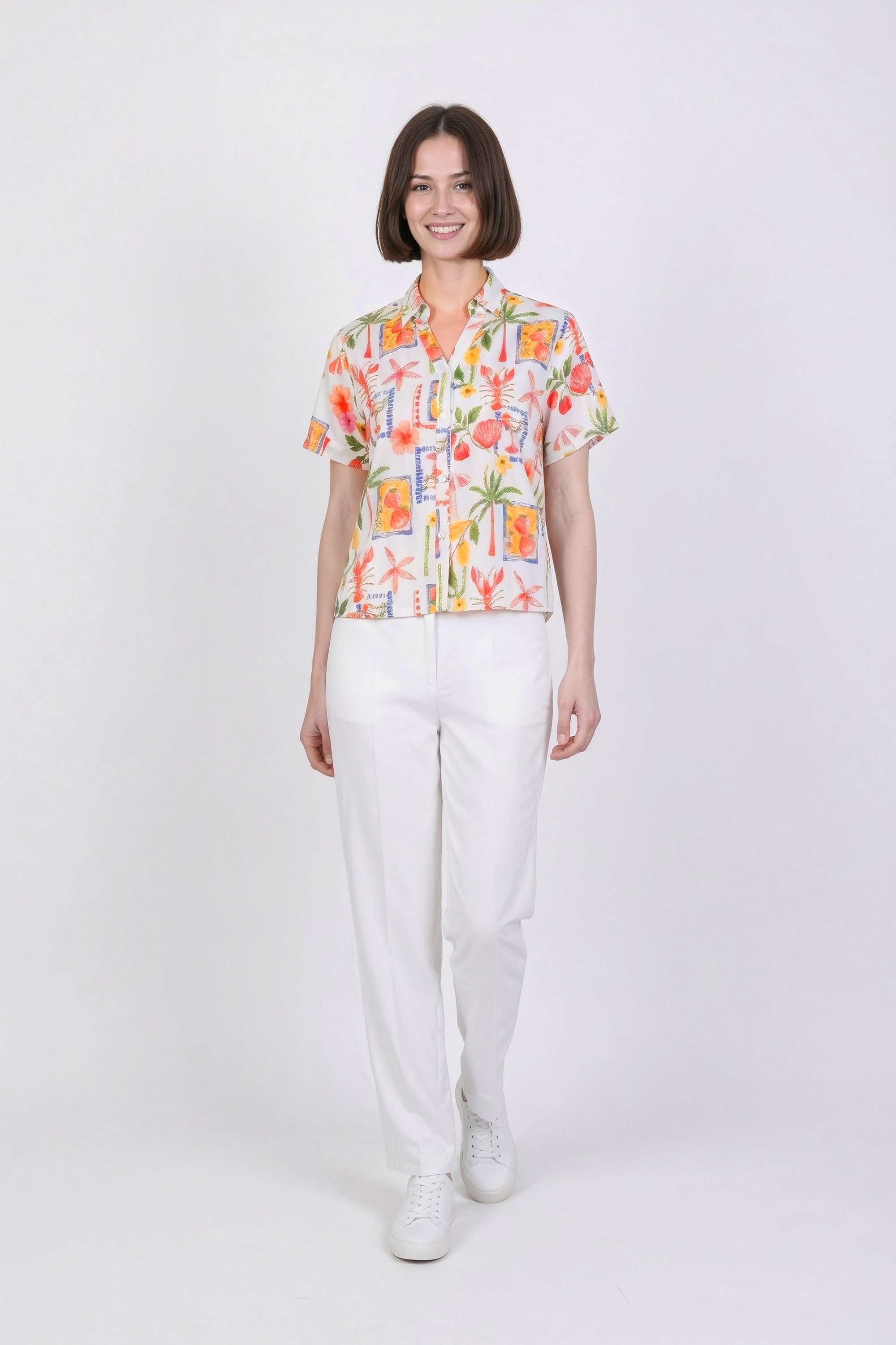 Graphic-Print-Collared-Blended-Fabric-Women-Casual-Wear-Shirt