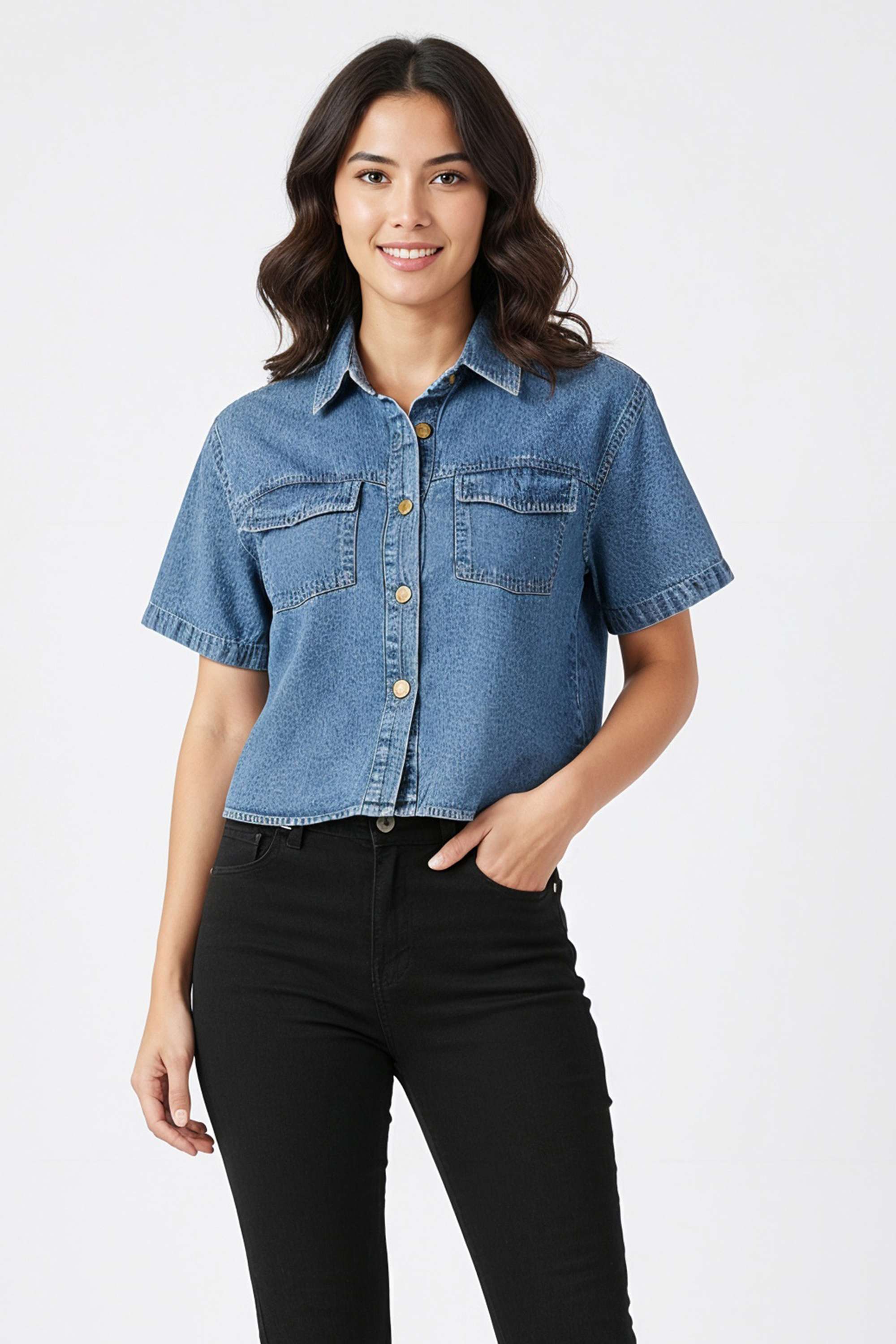 Solid-Collared-Blended-Fabric-Women-s-Casual-Wear-Shirt