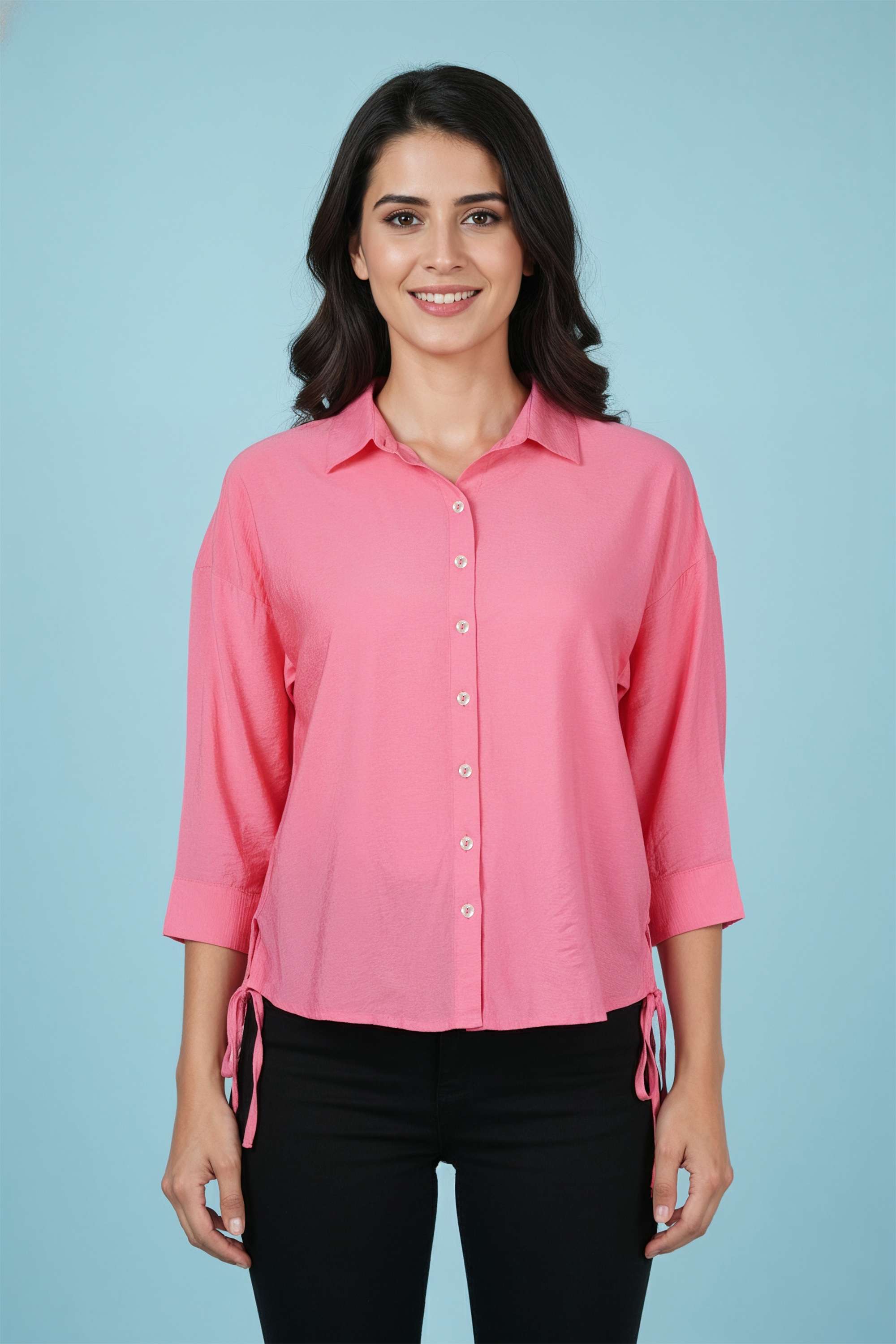Solid-Collared-Blended-Fabric-Women-s-Casual-Wear-Shirt