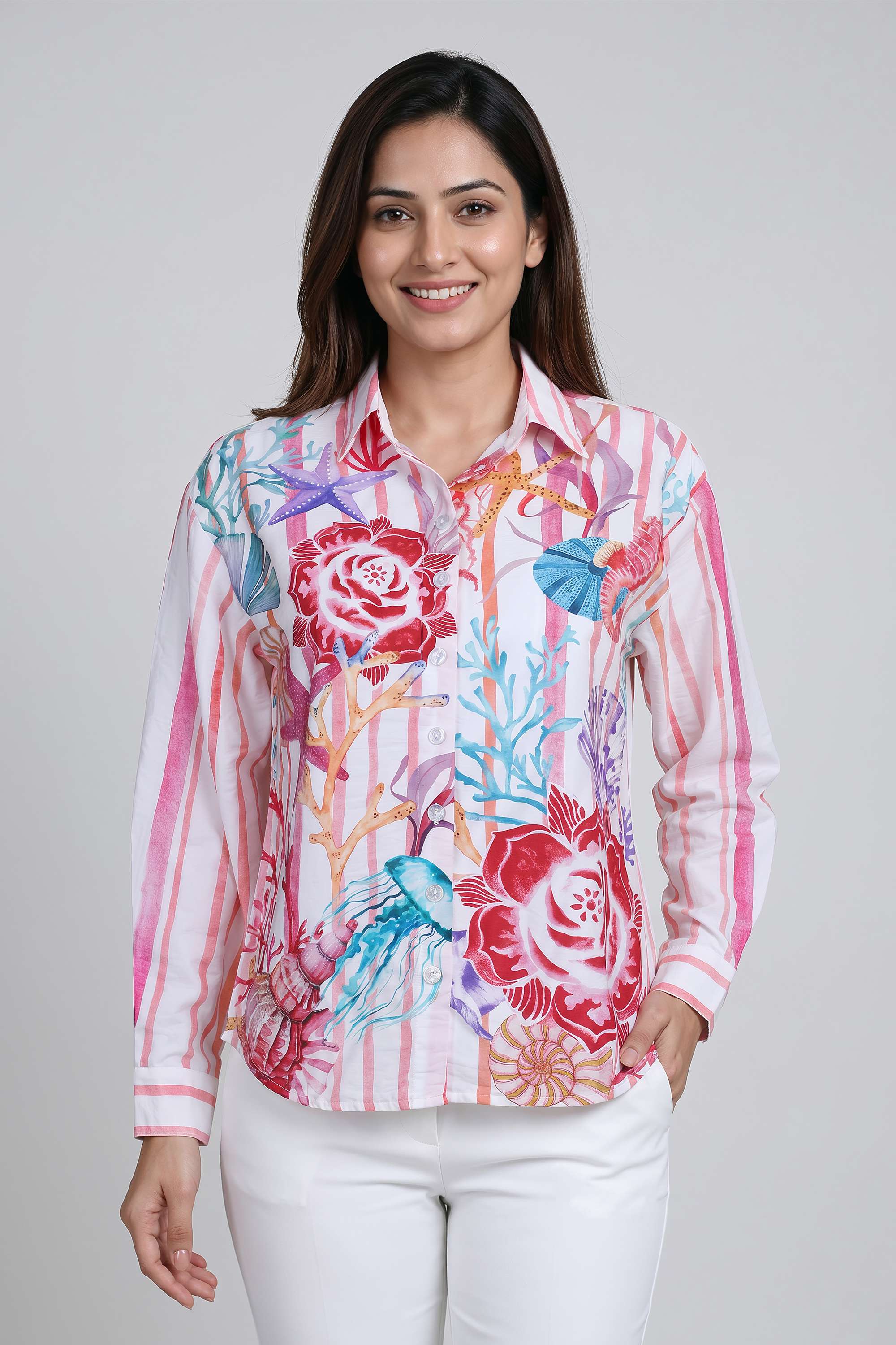 Printed-Collared-Blended-Fabric-Women-s-Casual-Wear-Shirt