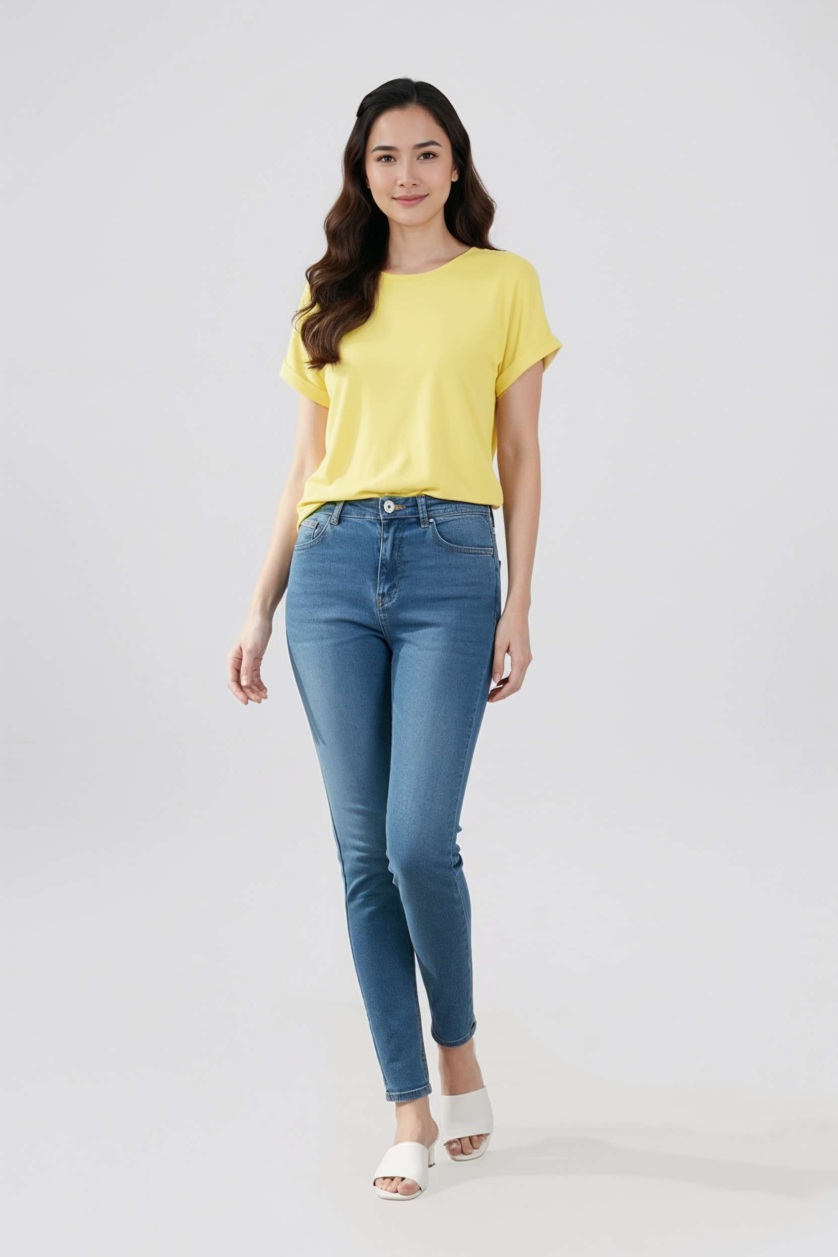 Solid-Blended-Fabric-Round-Neck-Women-T-Shirt
