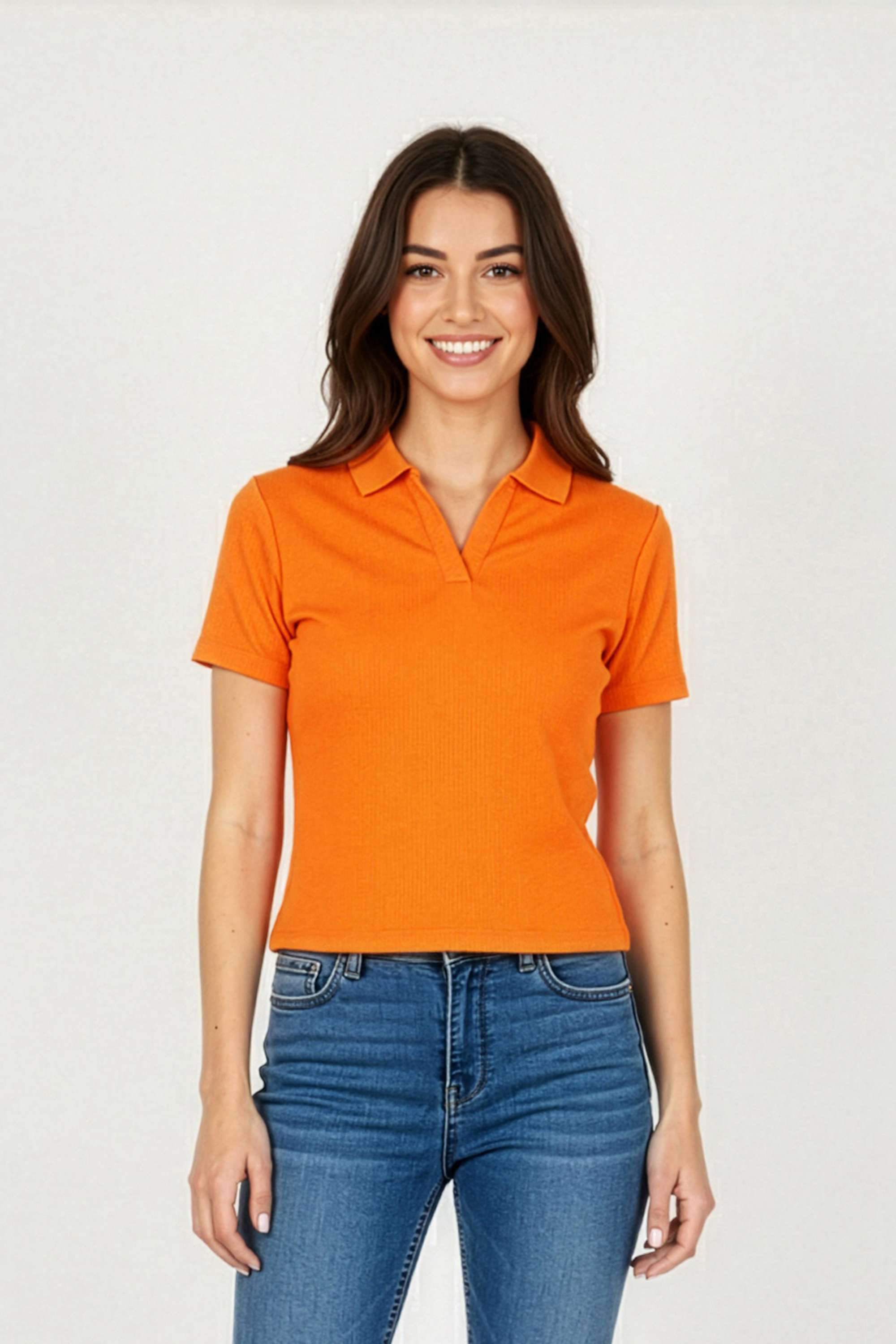 Solid-Blended-Fabric-Collared-Women-s-T-Shirt