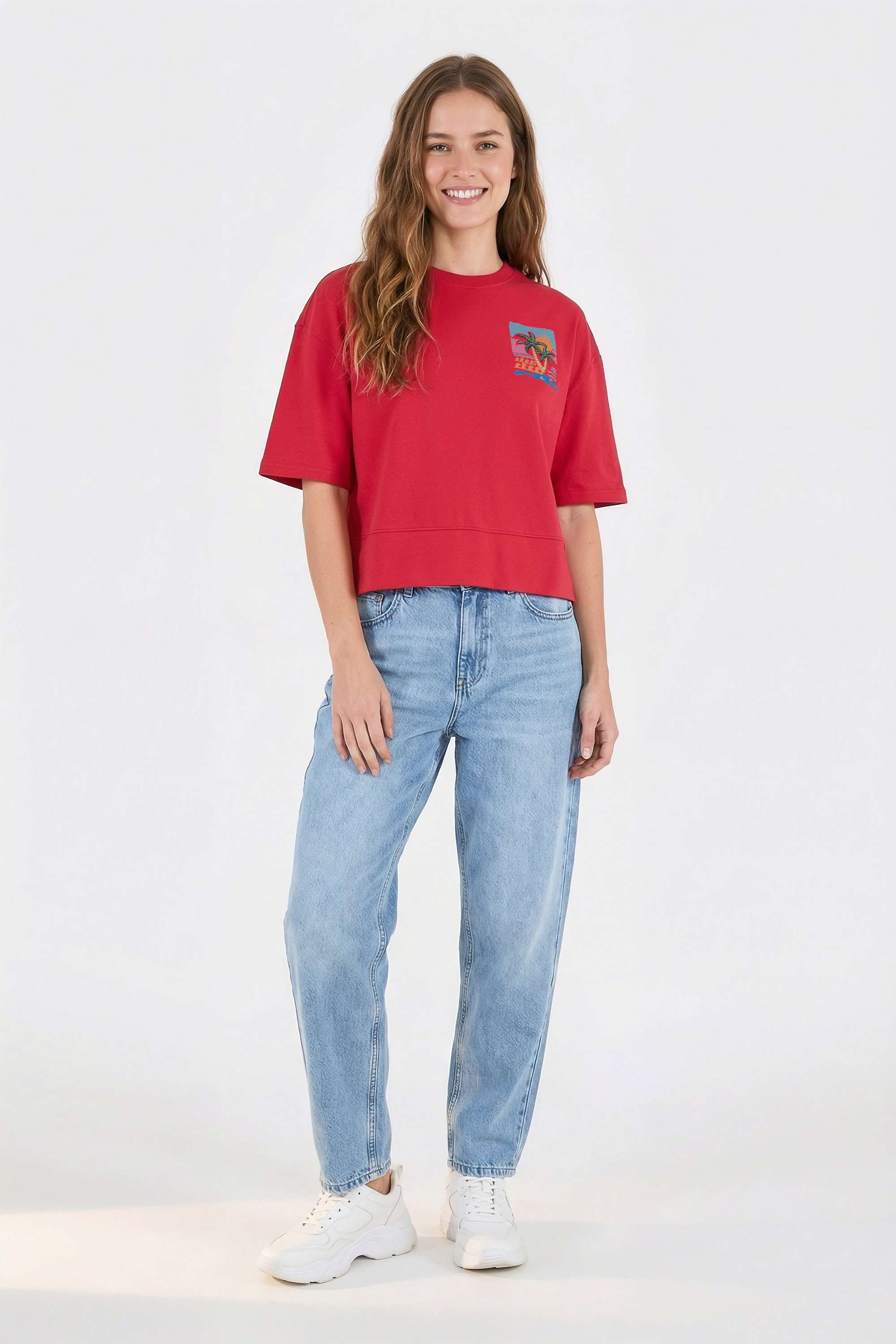 Printed-Blended-Fabric-Round-Neck-Women-T-Shirt