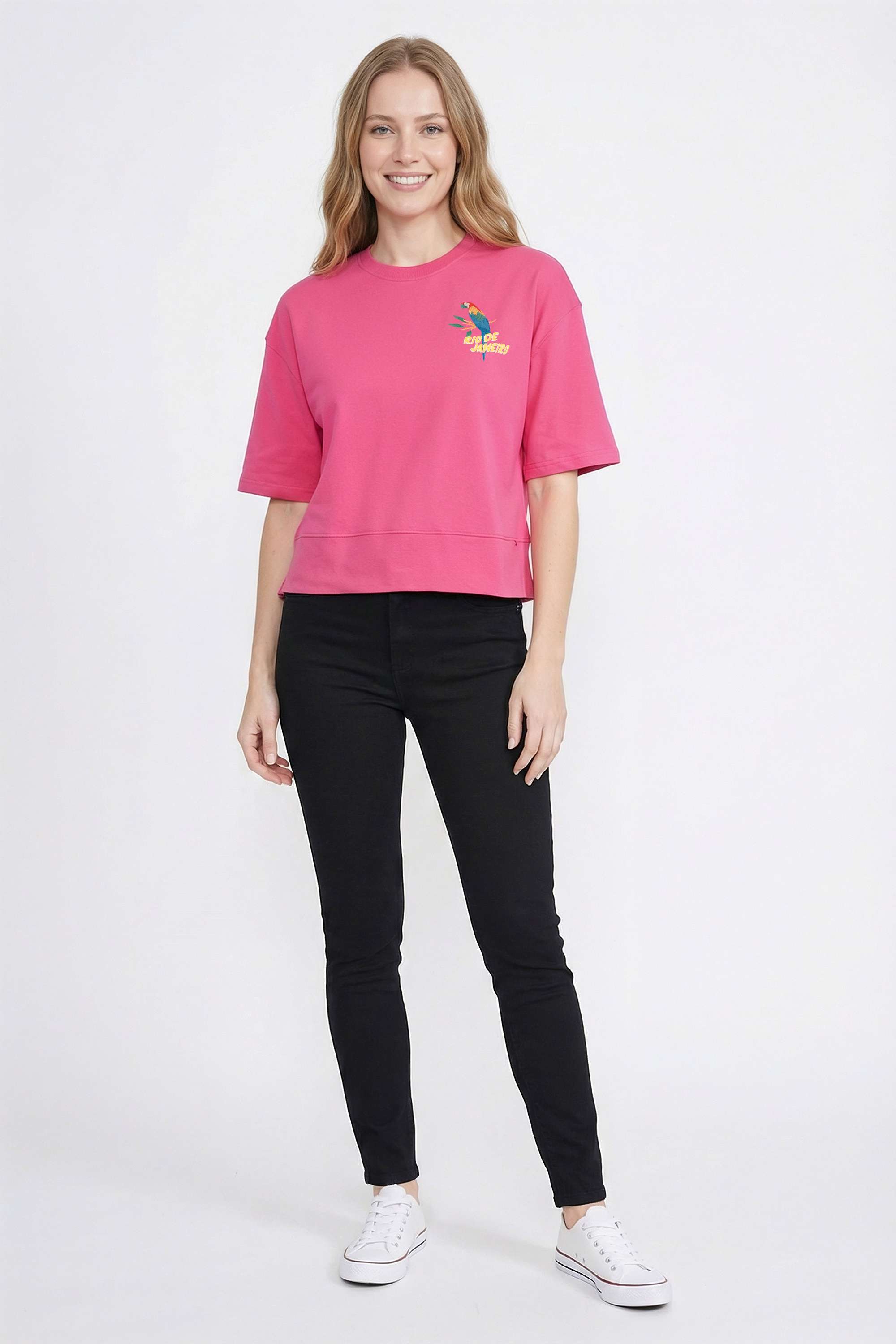 Printed-Blended-Fabric-Round-Neck-Women-T-Shirt