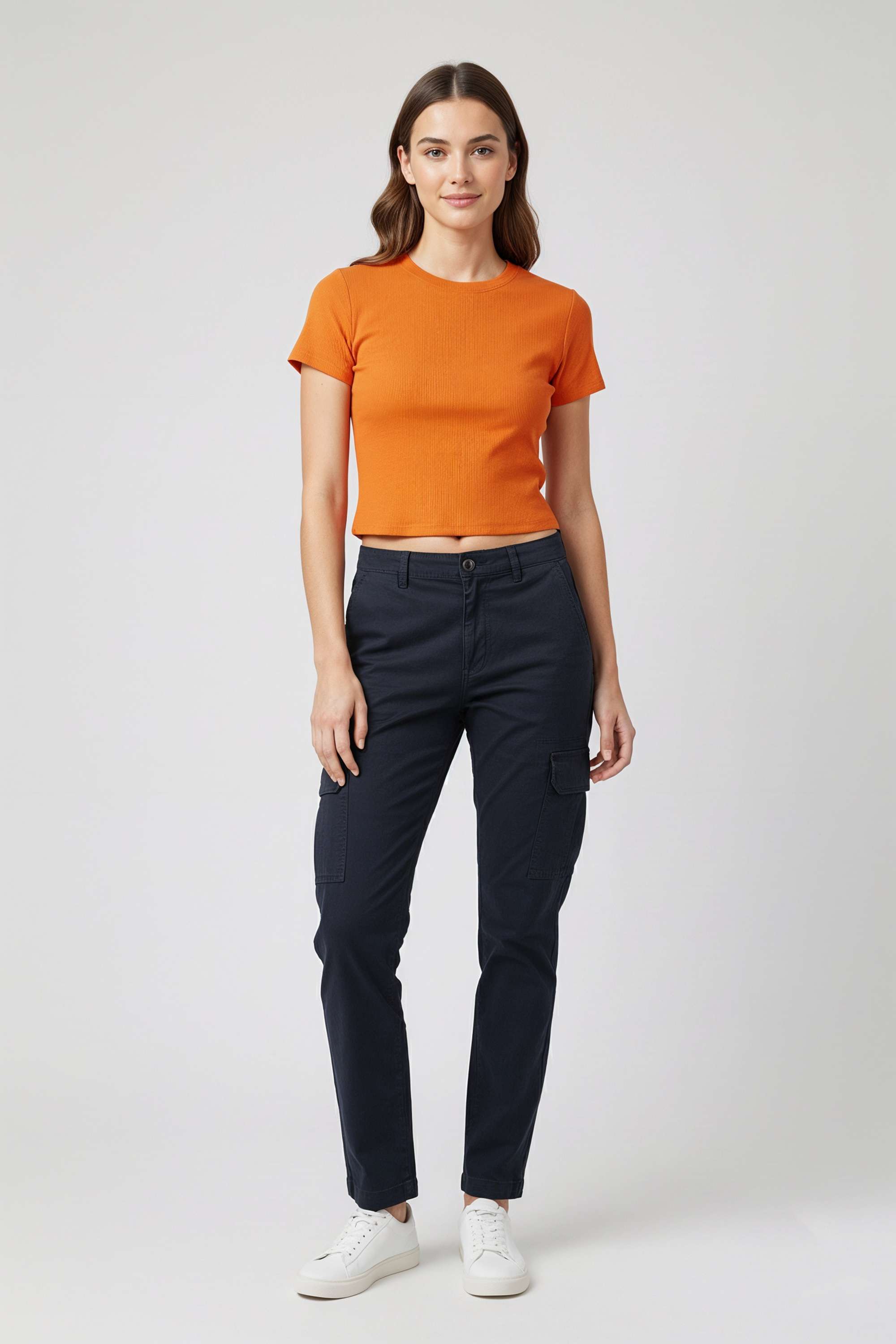 Solid-Blended-Fabric-Round-Neck-Women-T-Shirt