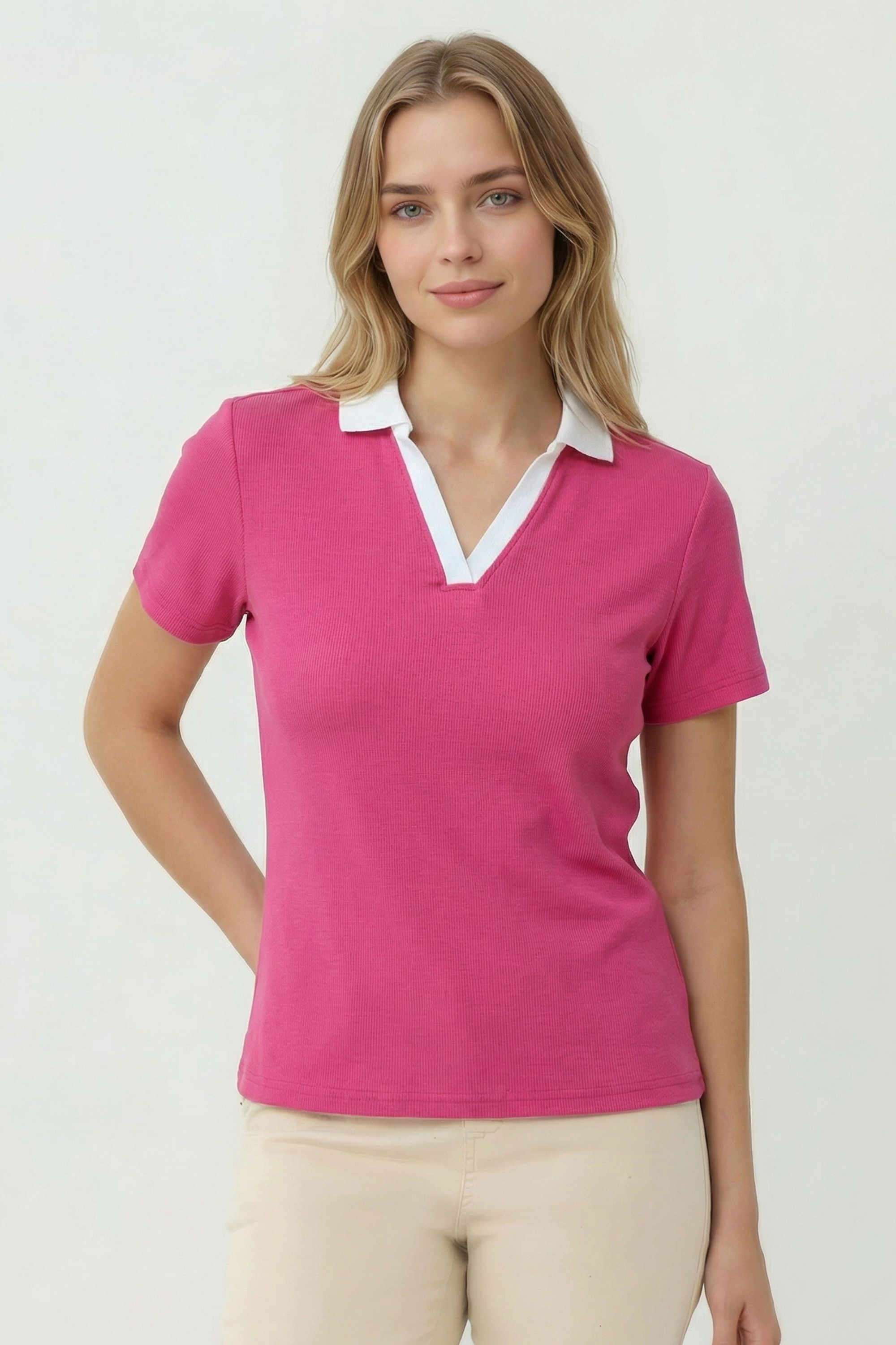 Solid-Blended-Fabric-Collared-Women-s-T-Shirt