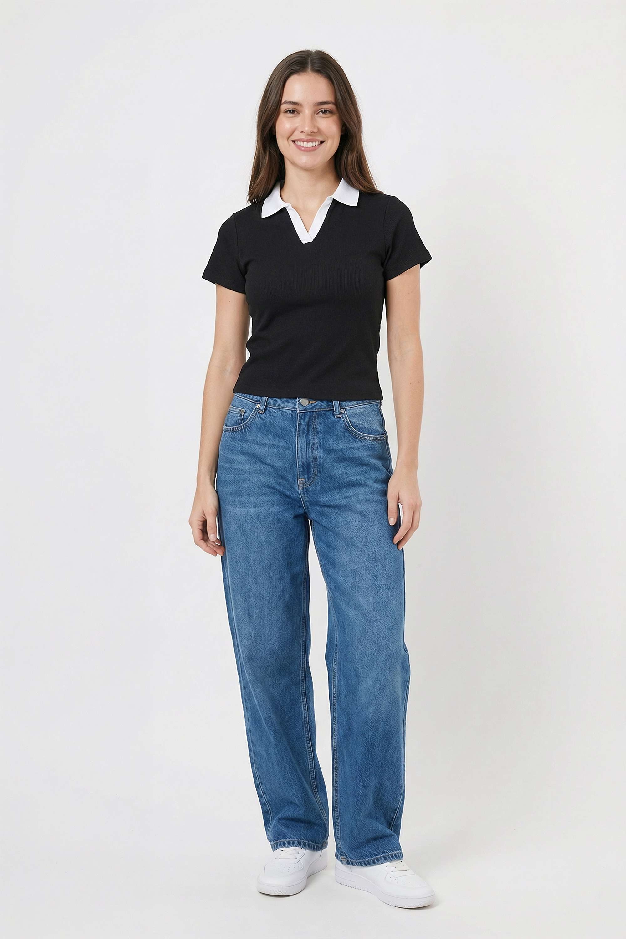Solid-Blended-Fabric-Polo-Women-s-T-Shirt