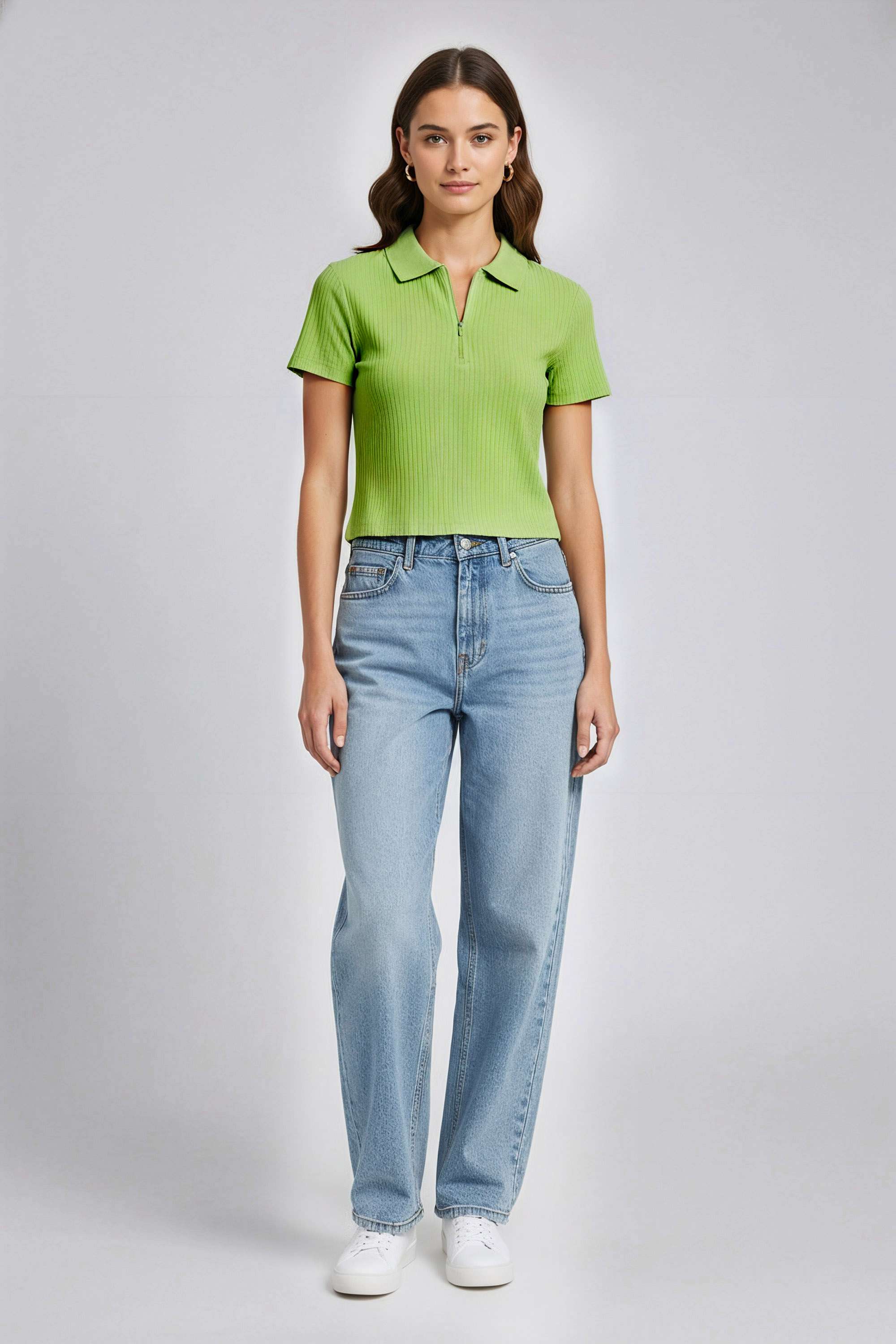 Solid-Blended-Fabric-Collared-Women-T-Shirt