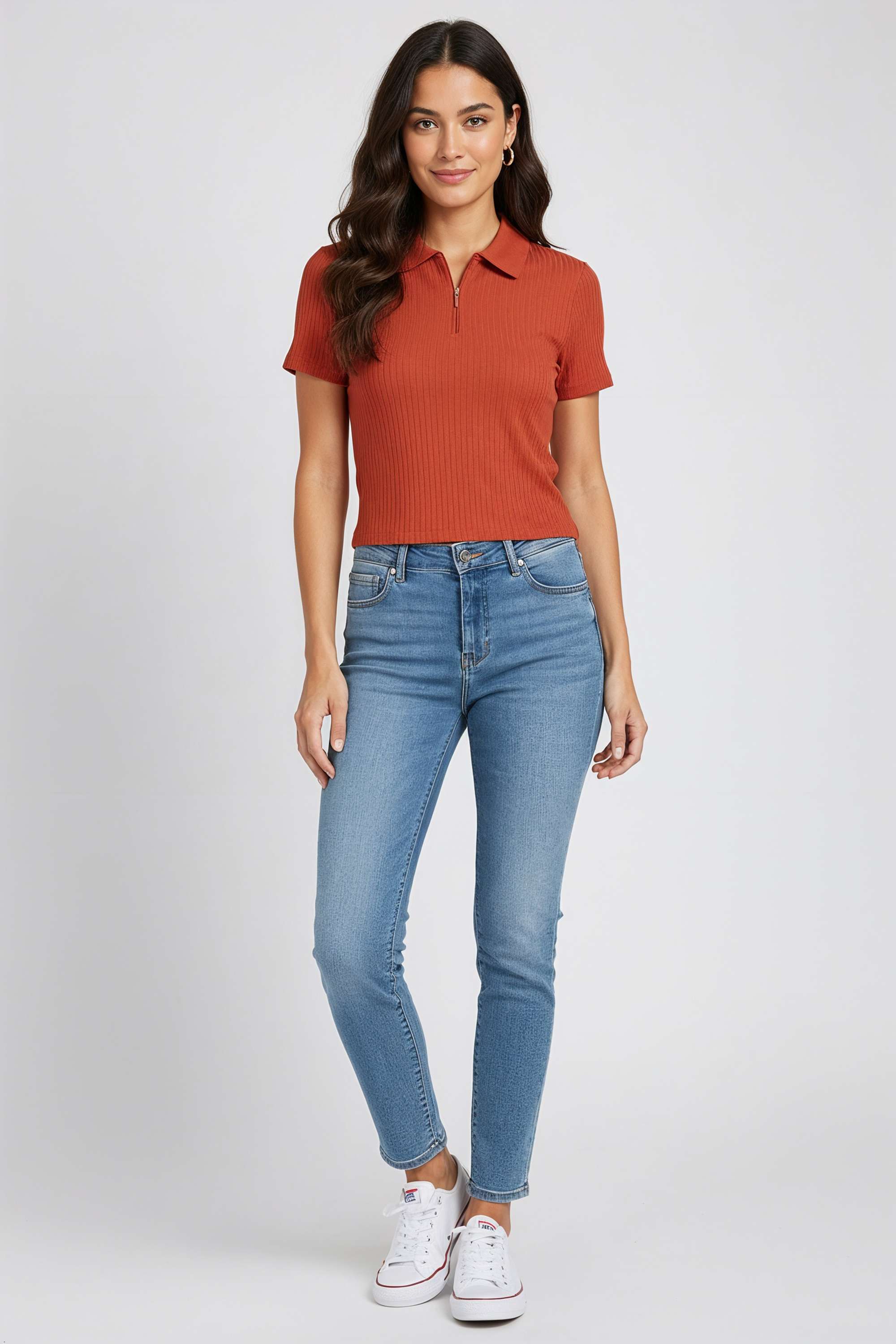 Solid-Blended-Fabric-Collared-Women-T-Shirt