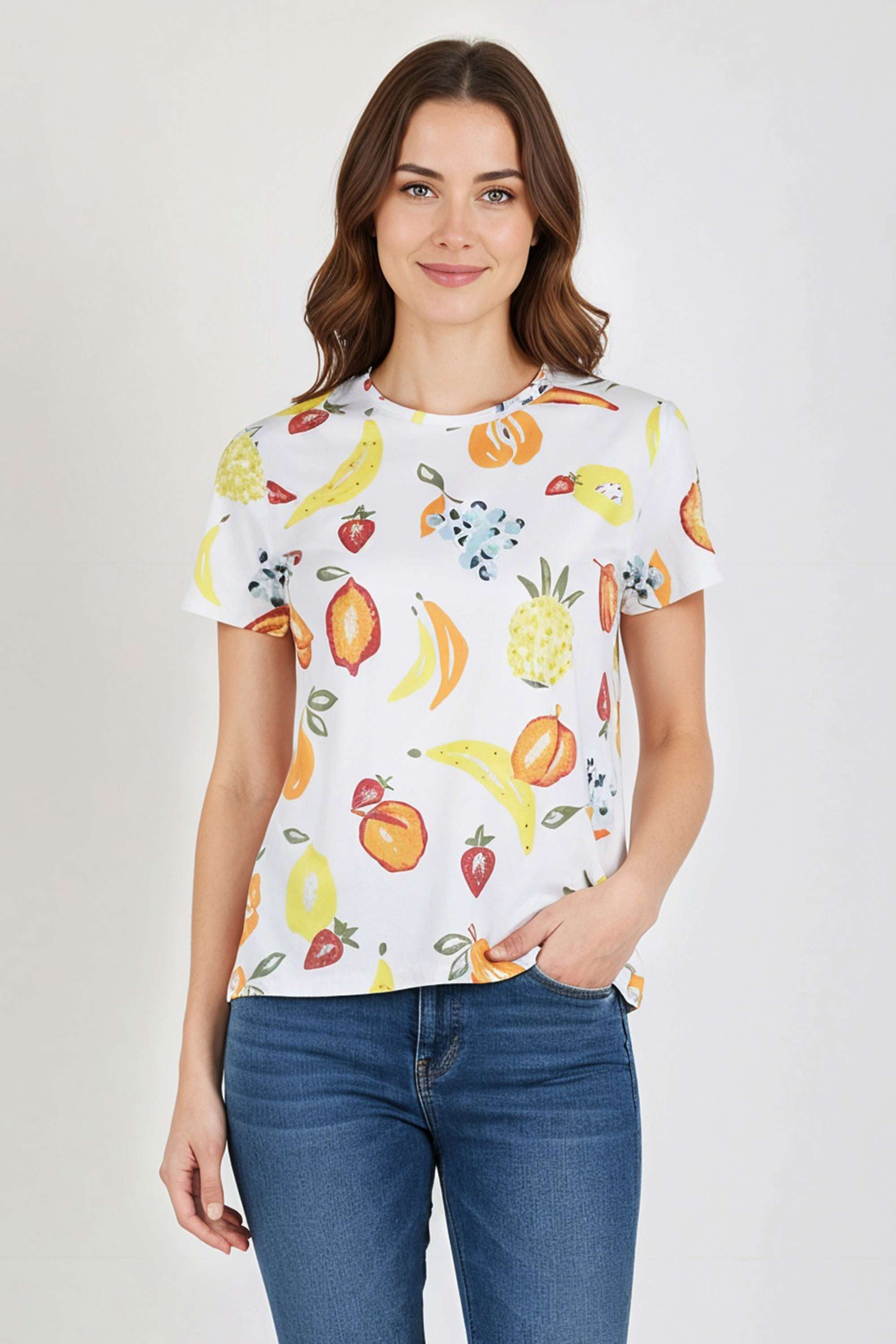 Graphic-Print-Blended-Fabric-Round-Neck-Women-s-T-Shirt