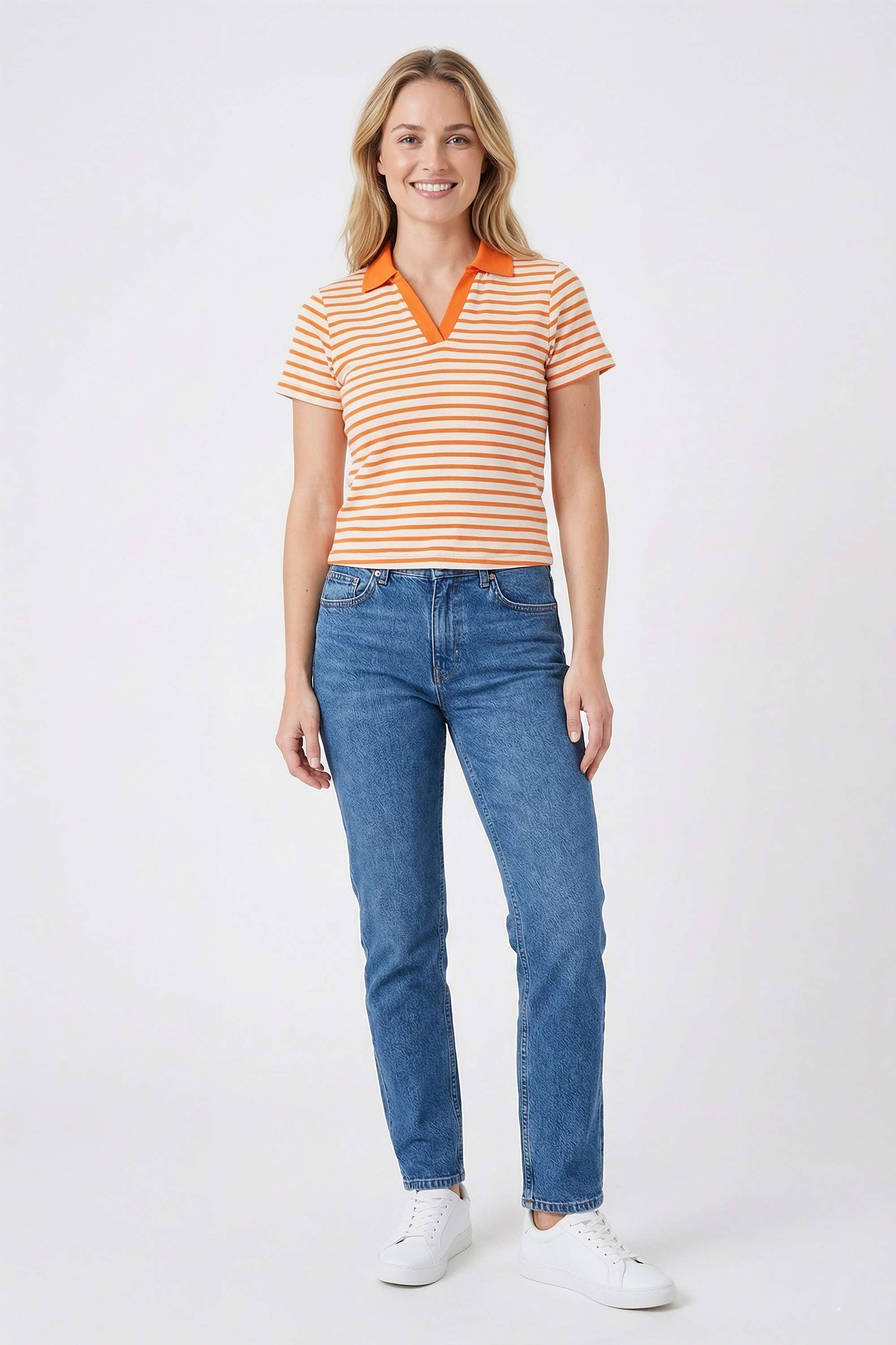 Stripes-Blended-Fabric-Collared-Women-T-Shirt
