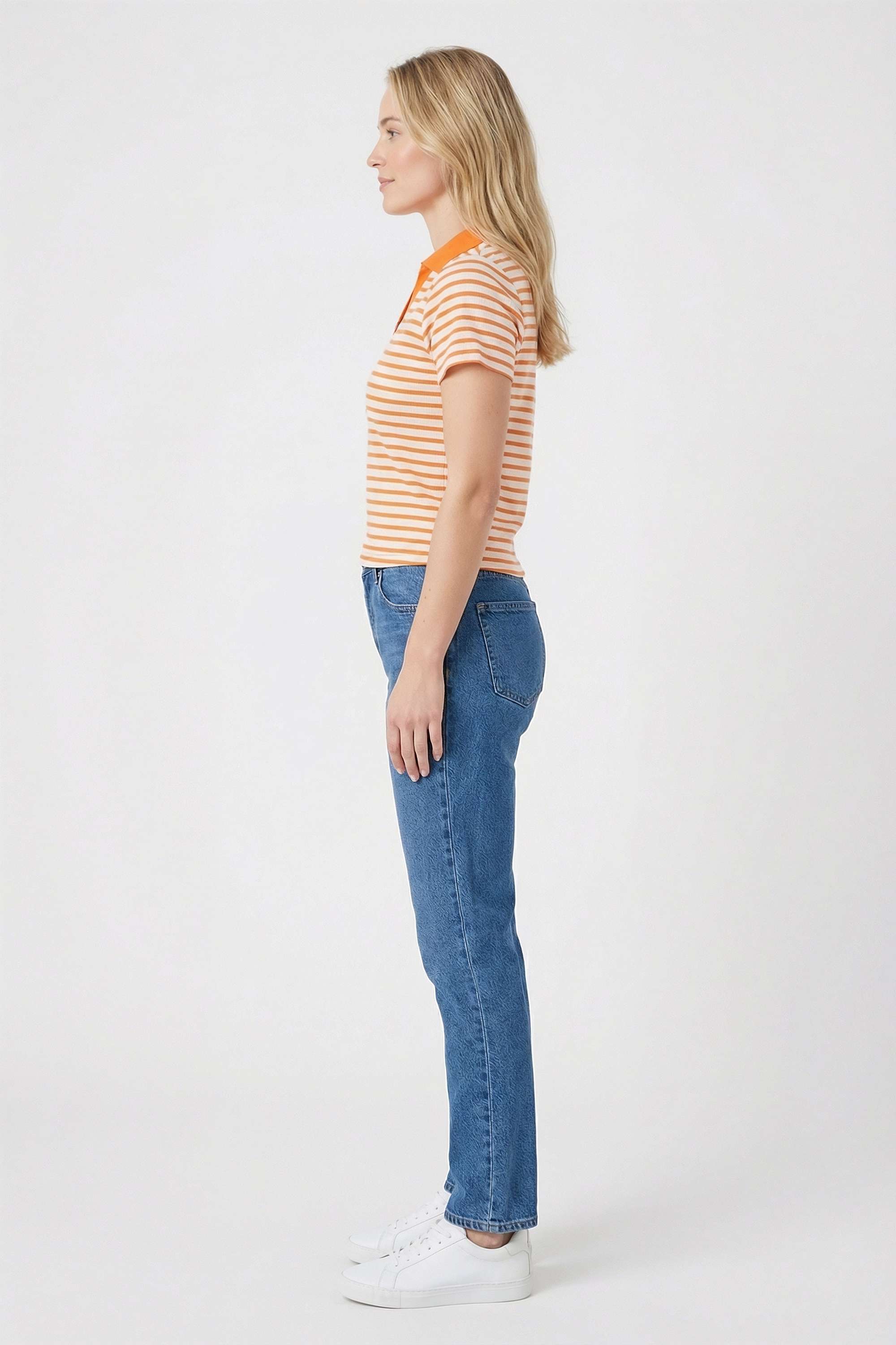 Stripes-Blended-Fabric-Collared-Women-T-Shirt