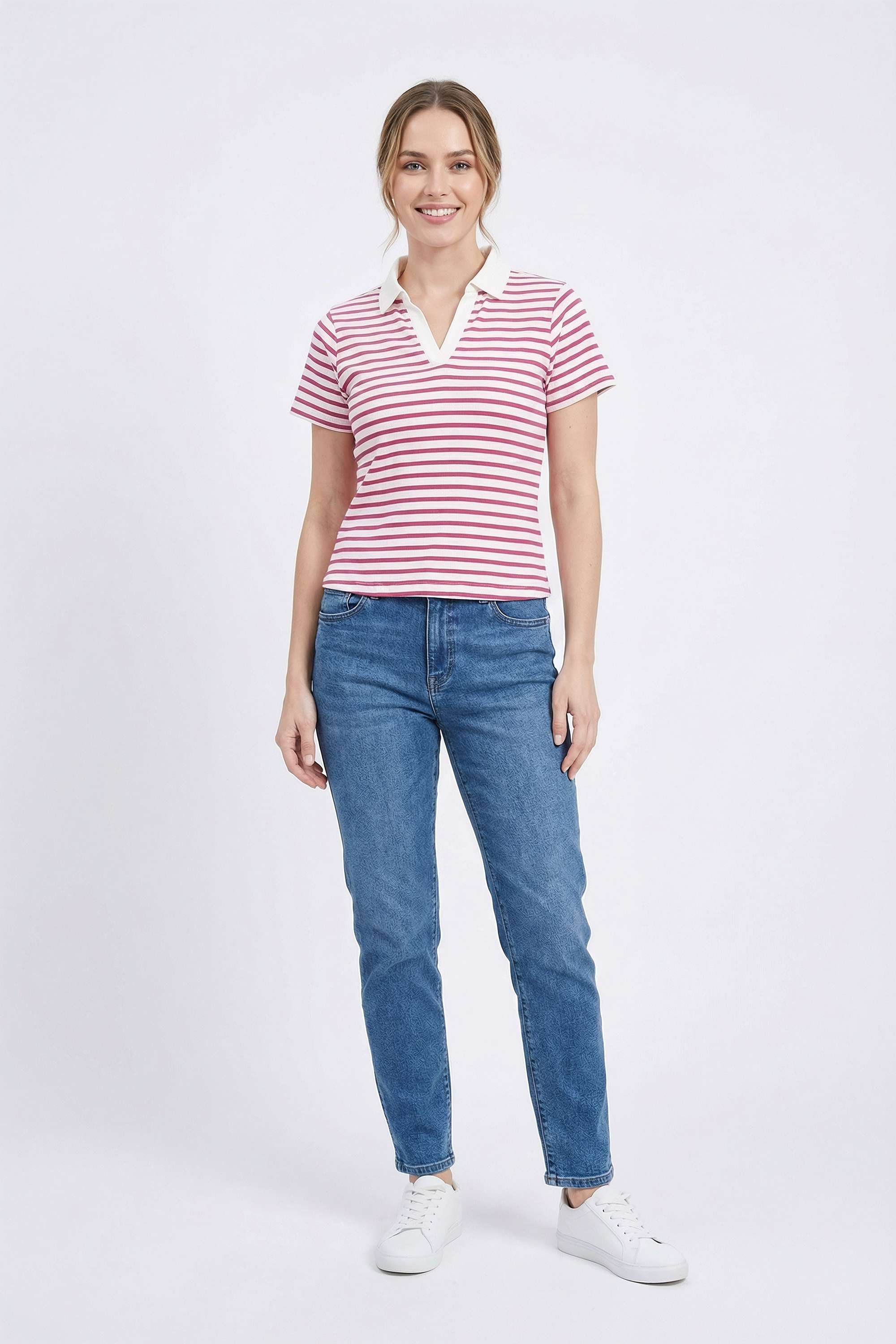 Stripes-Blended-Fabric-Polo-Women-T-Shirt