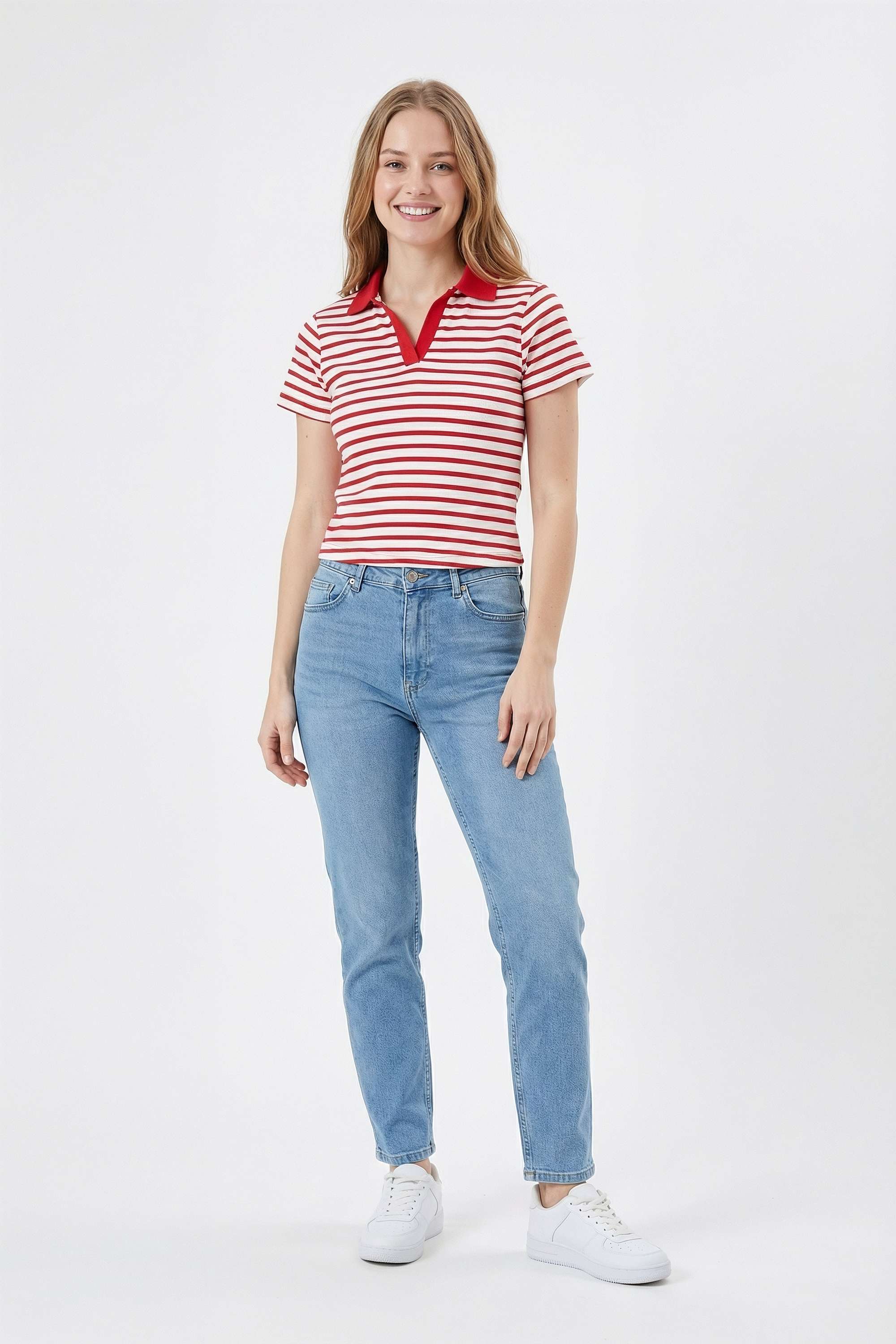 Stripes-Blended-Fabric-Collared-Women-T-Shirt