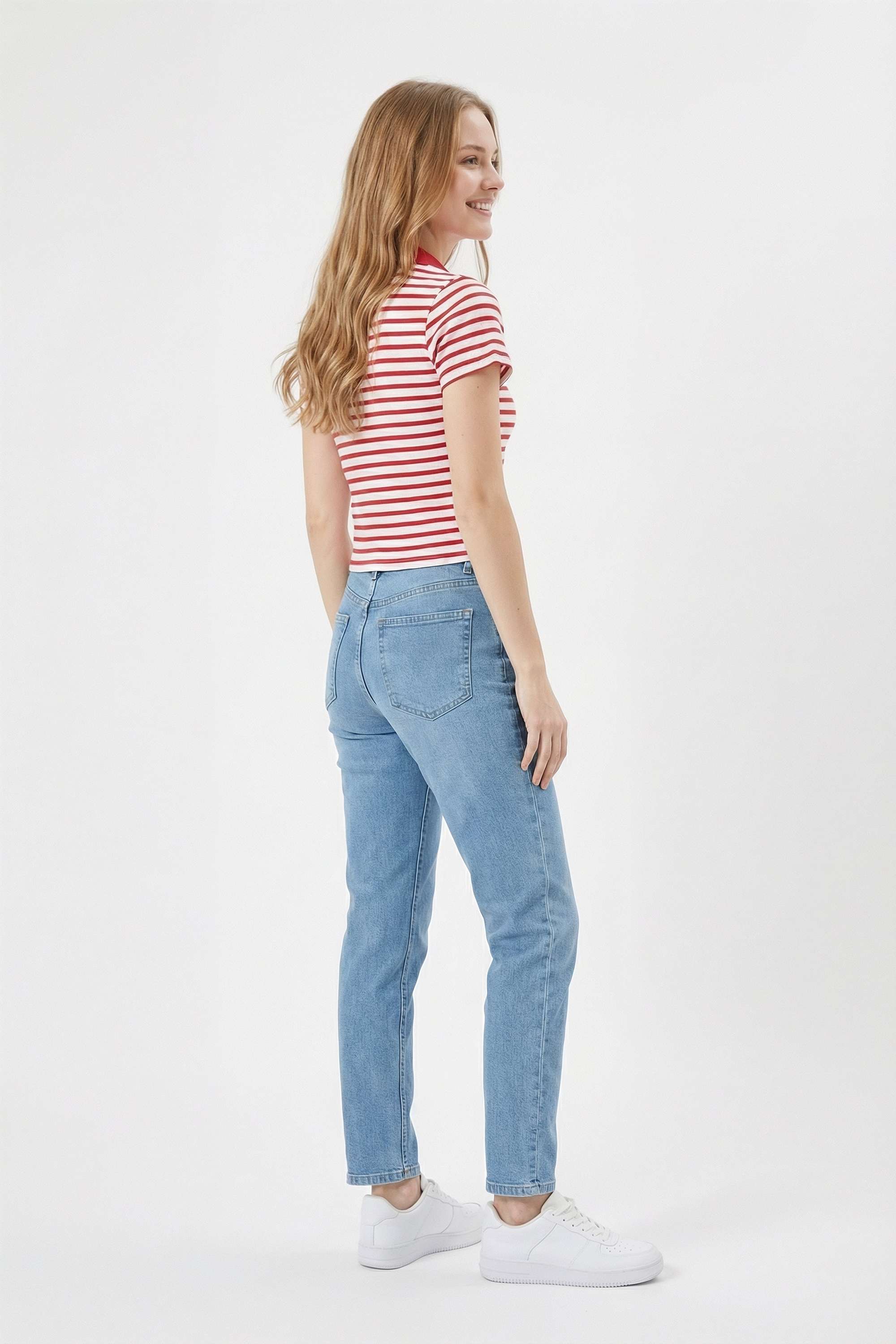 Stripes-Blended-Fabric-Collared-Women-T-Shirt