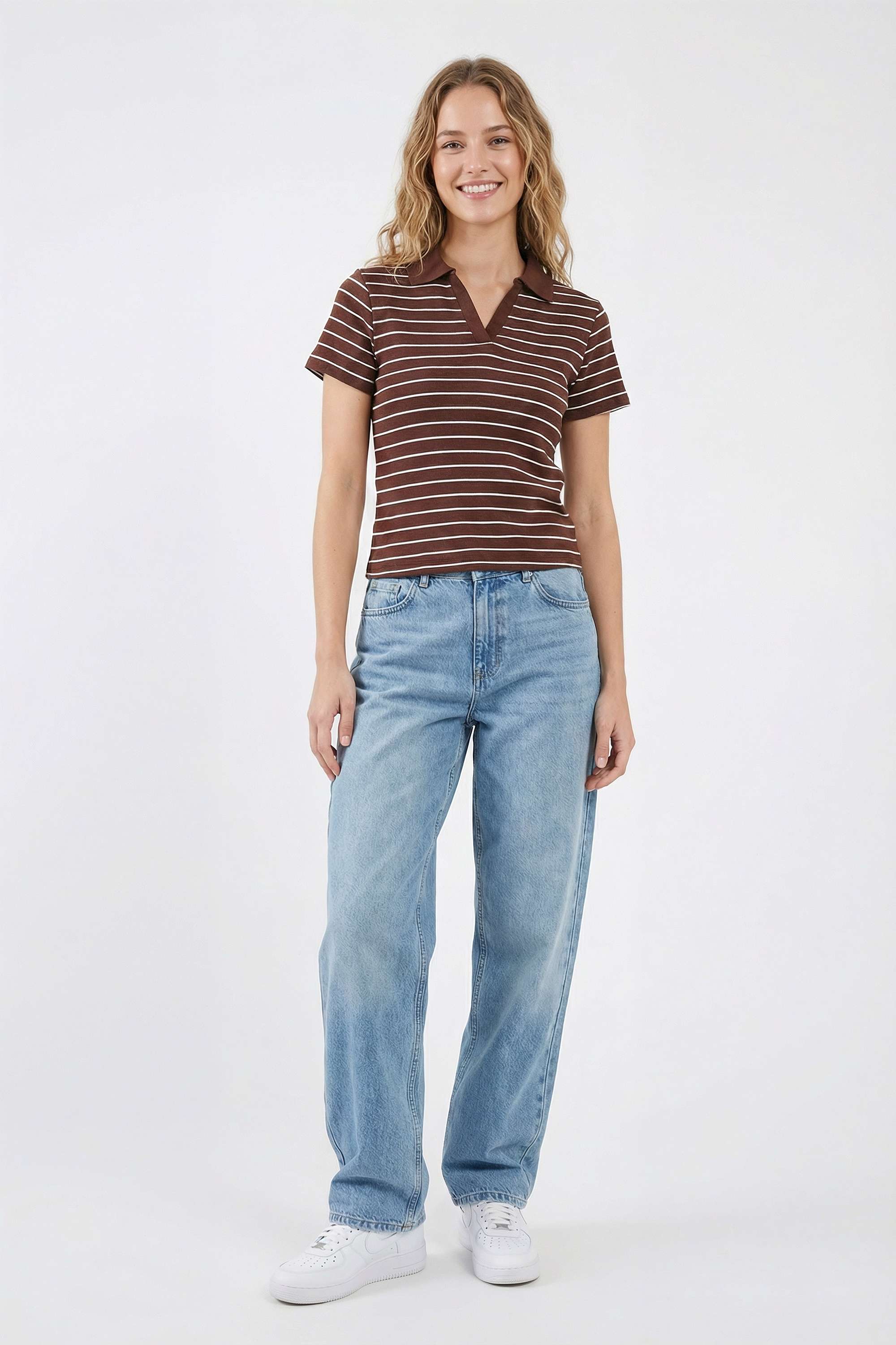 Stripes-Blended-Fabric-Collared-Women-T-Shirt