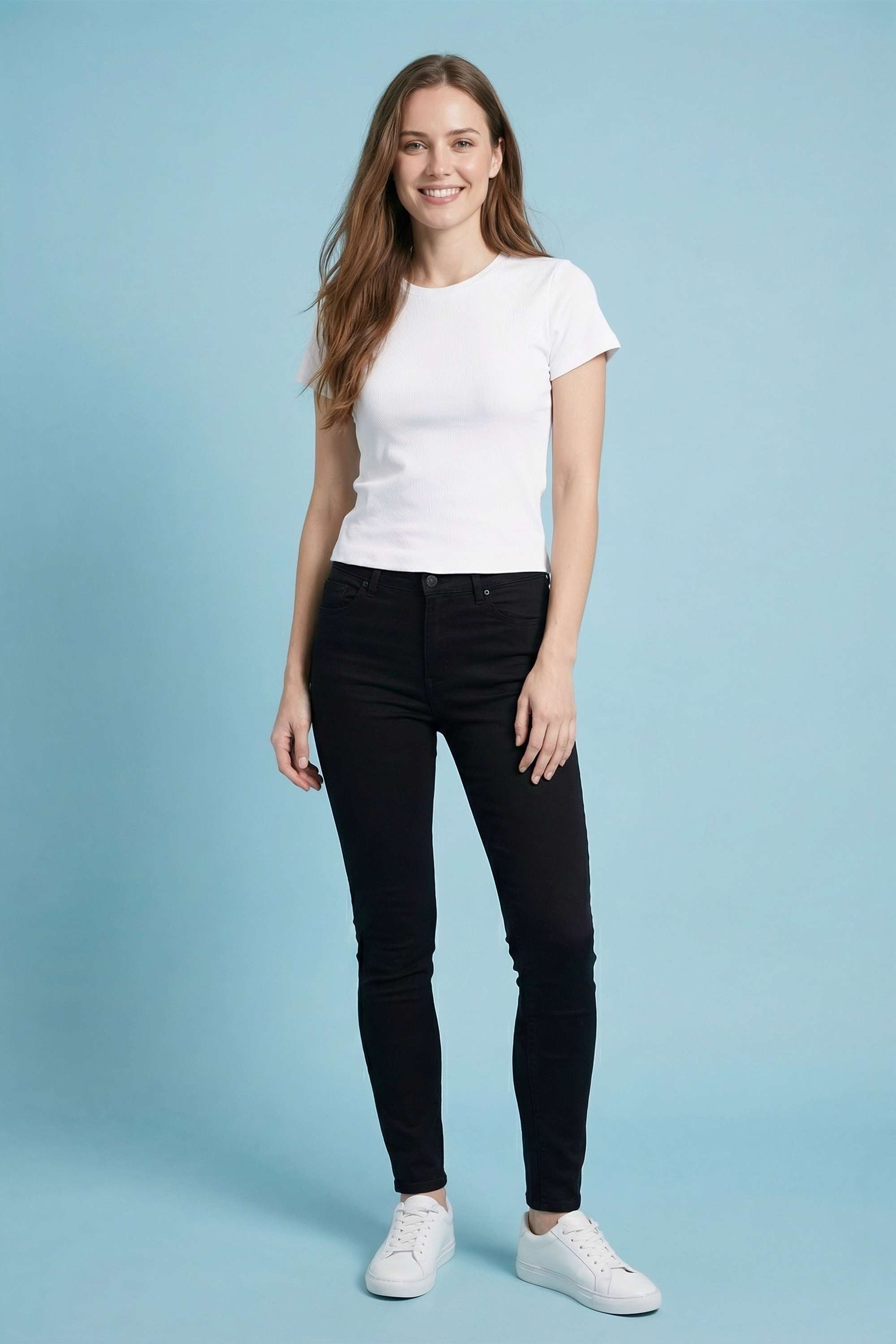 Solid-Blended-Fabric-Round-Neck-Women-T-Shirt