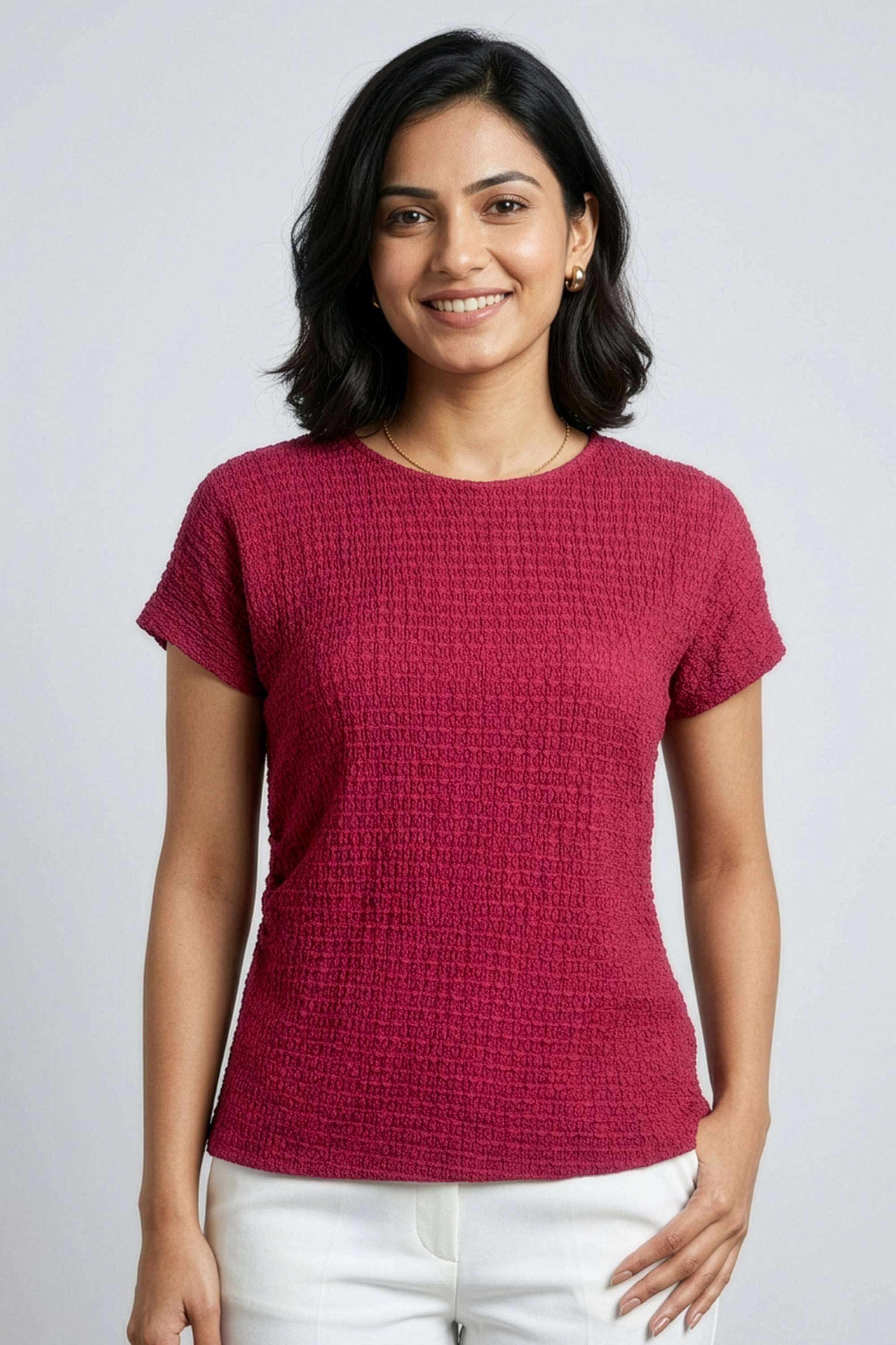 Solid-Blended-Fabric-Round-Neck-Women-s-T-Shirt