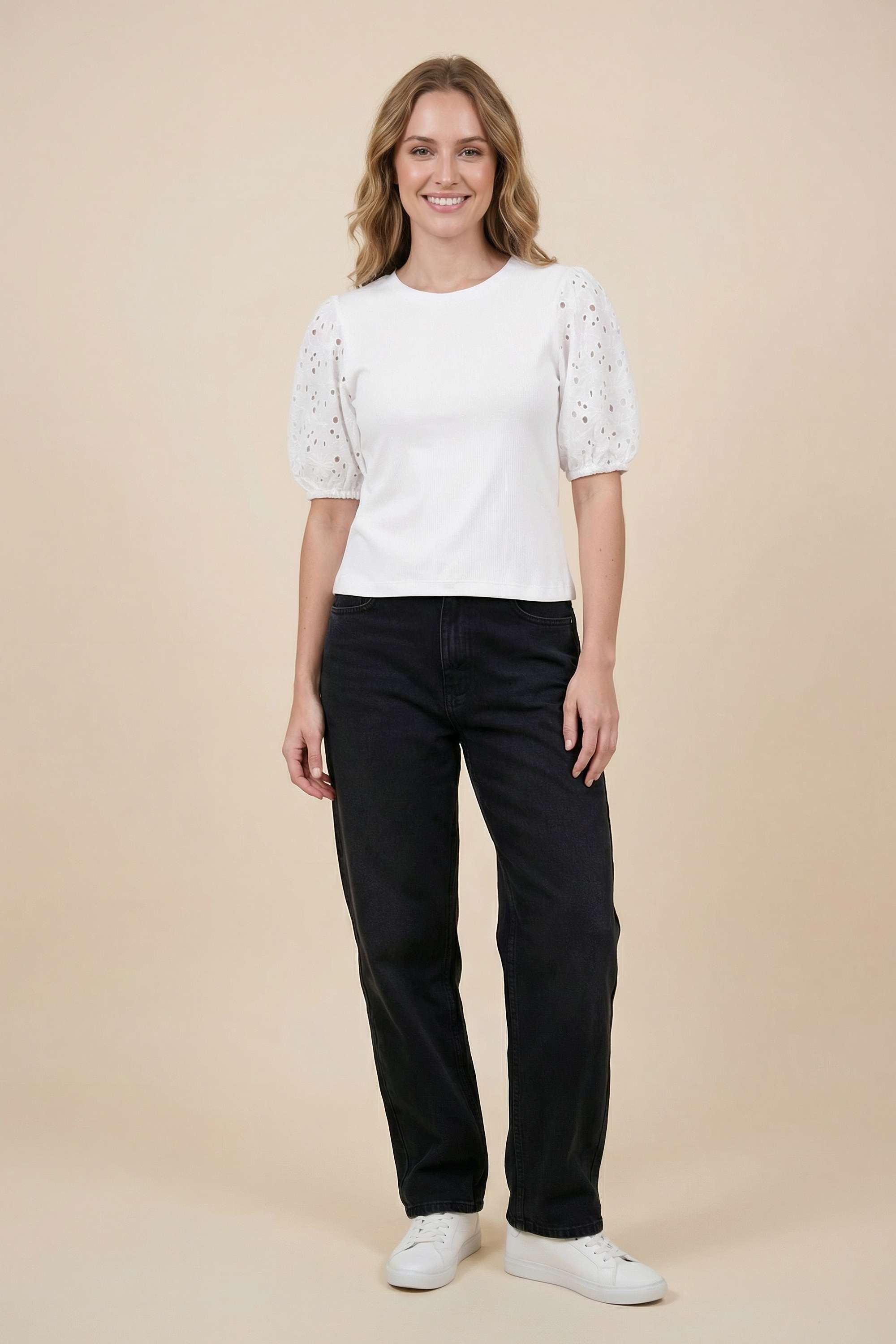 Solid-Blended-Fabric-Round-Neck-Women-T-Shirt