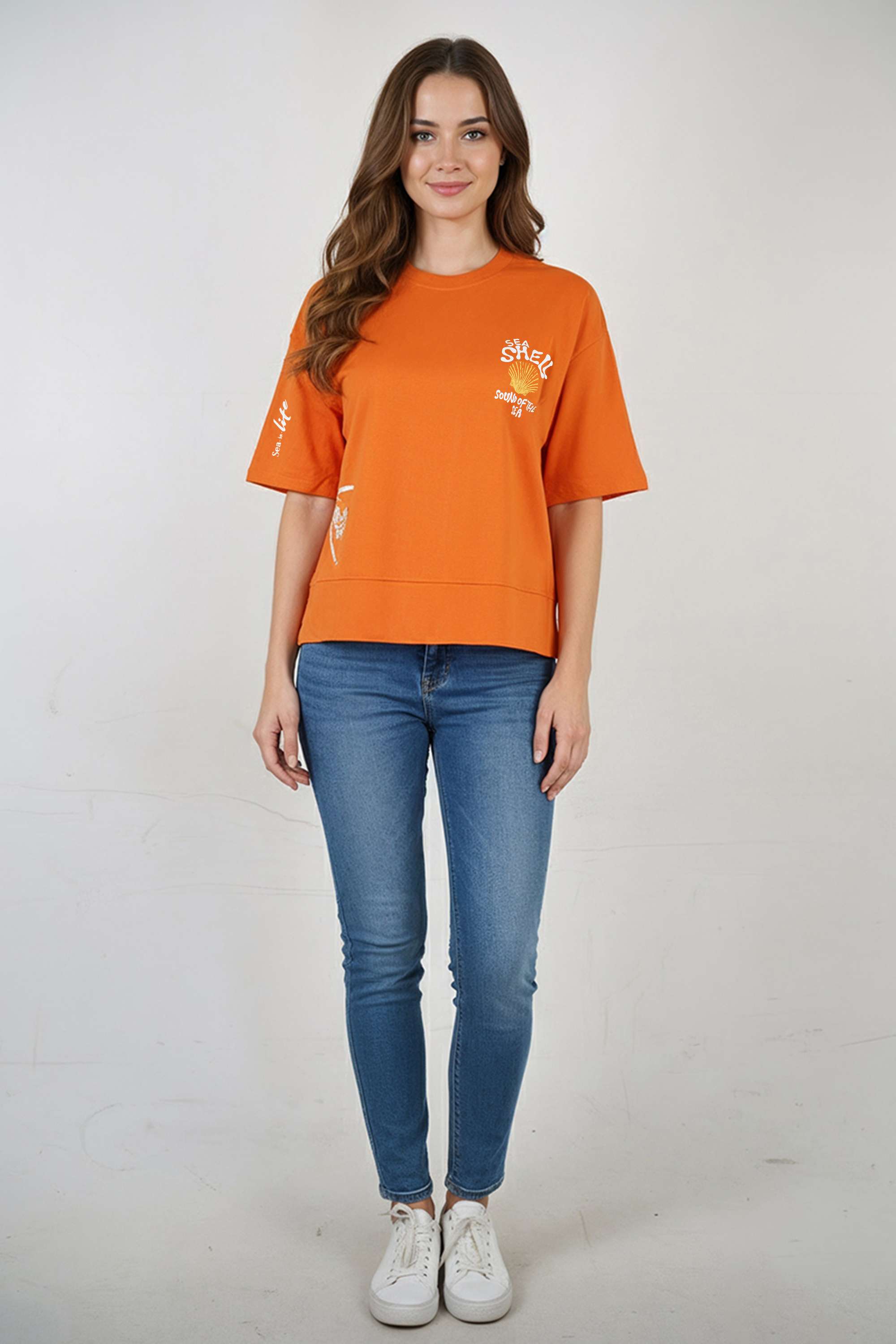 Solid-Blended-Fabric-Round-Neck-Women-T-Shirt