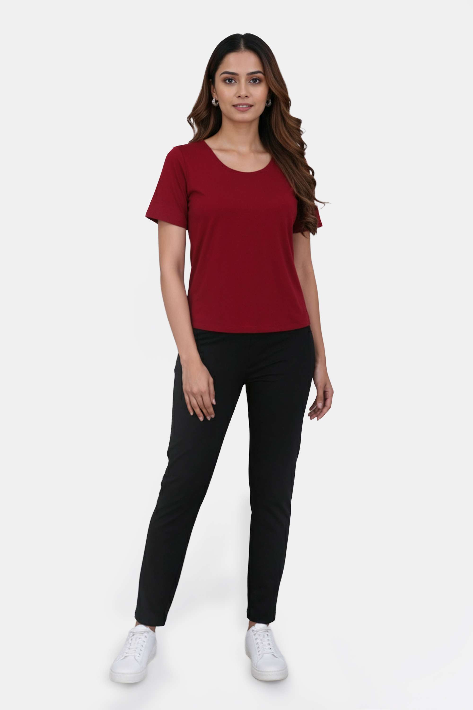 Solid-Blended-Fabric-Round-Neck-Women-T-Shirt