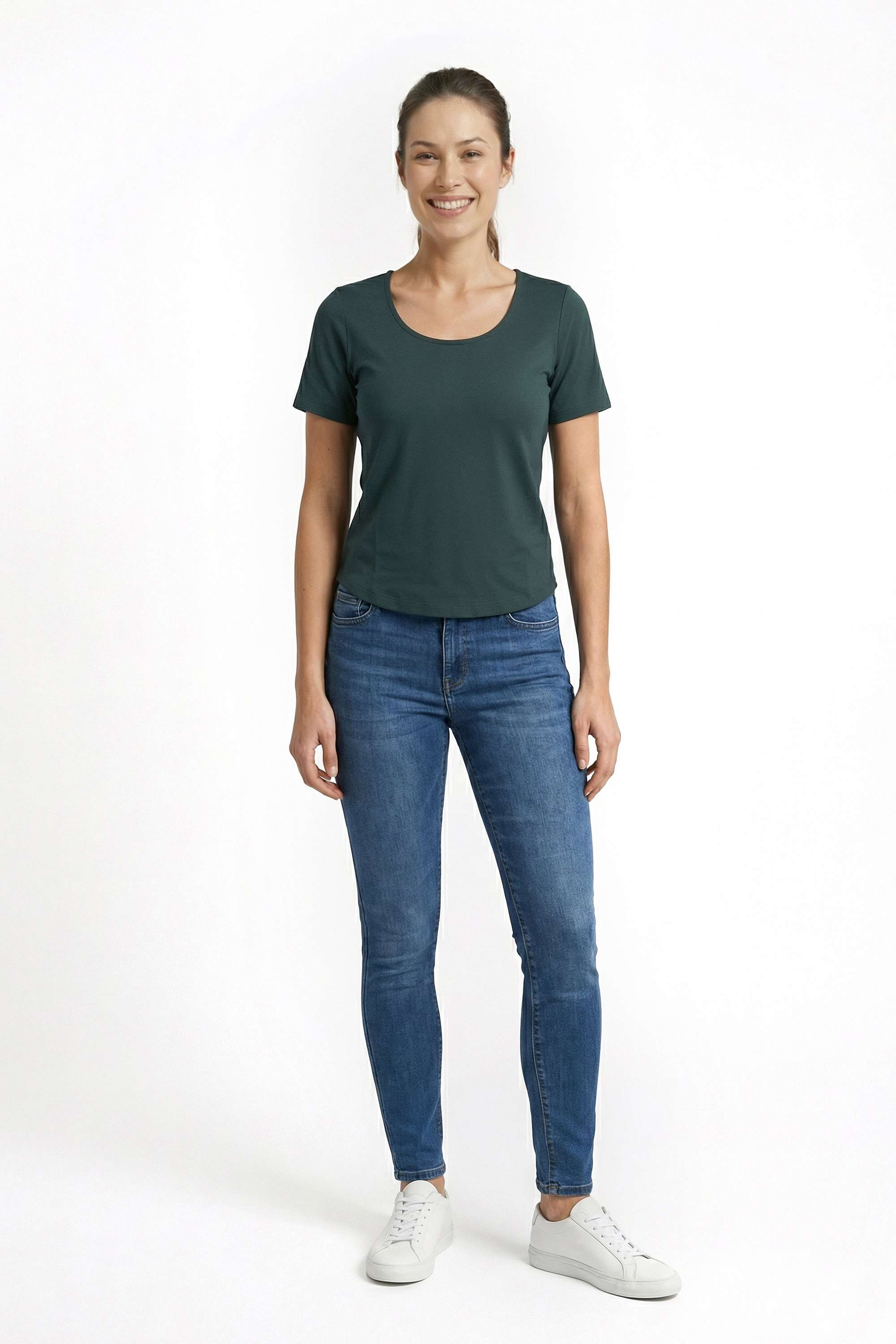 Solid-Blended-Fabric-Scoop-Neck-Women-s-T-Shirt