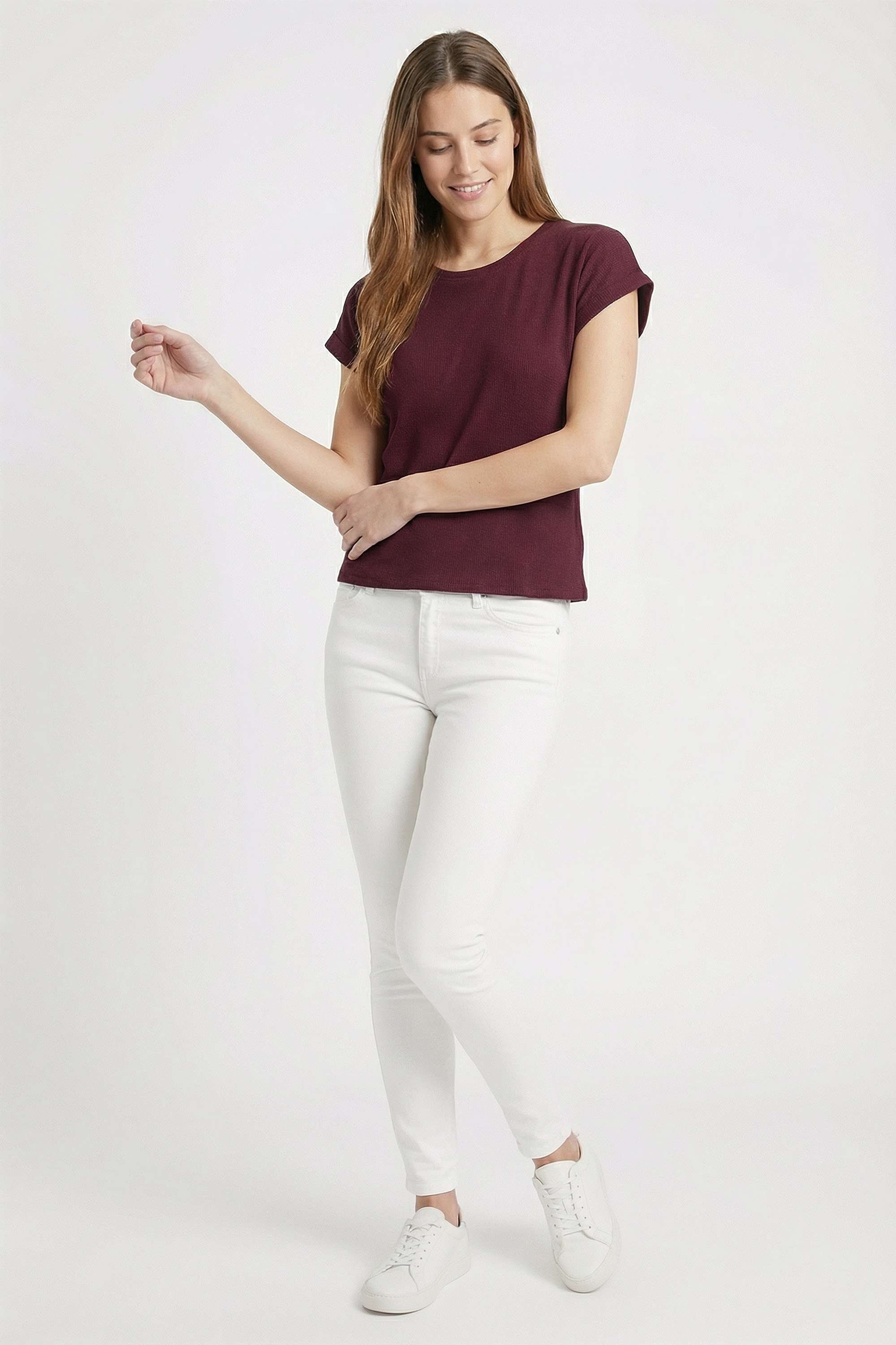 Solid-Blended-Fabric-Round-Neck-Women-T-Shirt