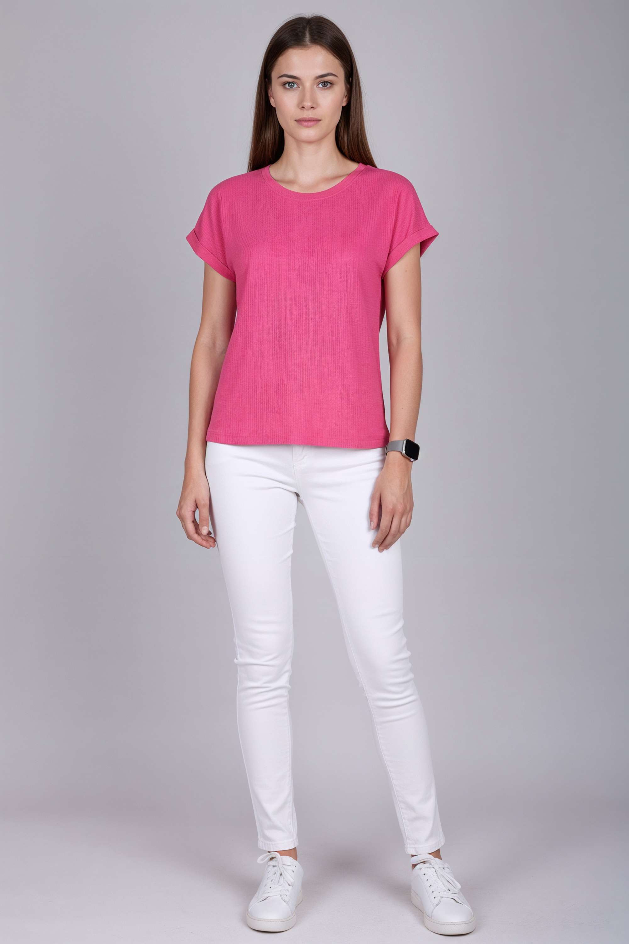 Solid-Blended-Fabric-Round-Neck-Women-T-Shirt