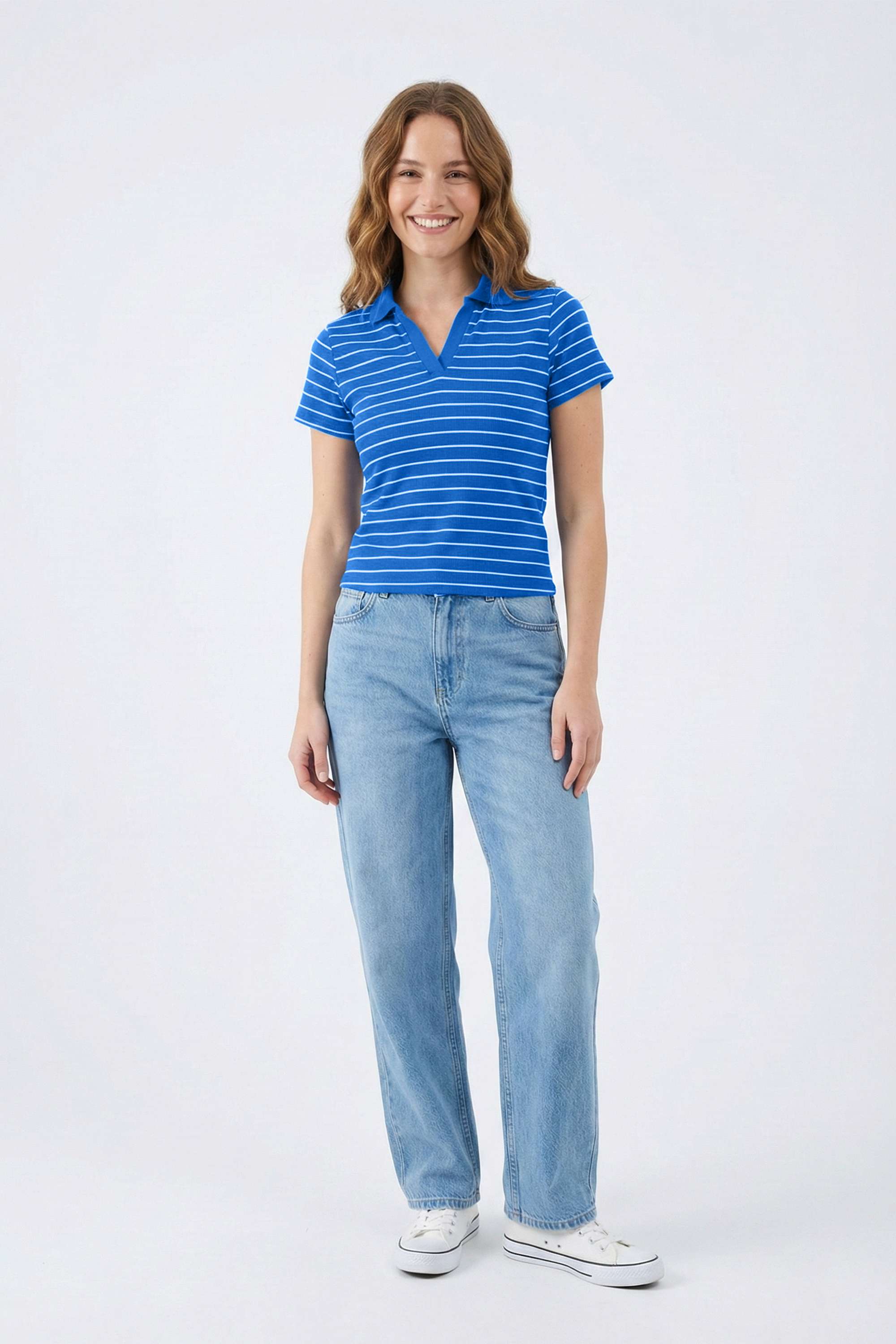 Stripes-Blended-Fabric-Collared-Women-T-Shirt