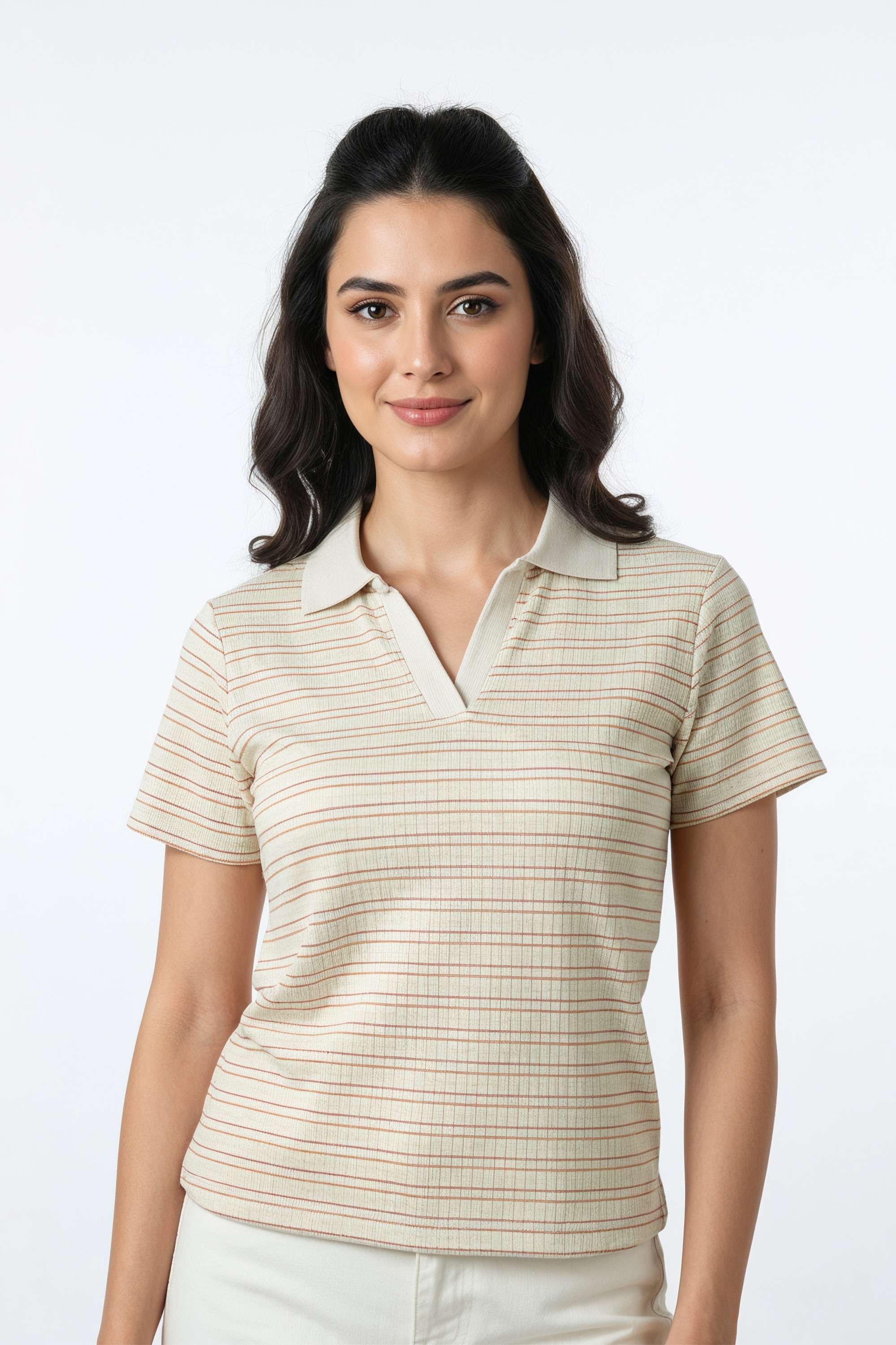 Tie-&-Dye-Blended-Fabric-Collared-Women-s-T-Shirt
