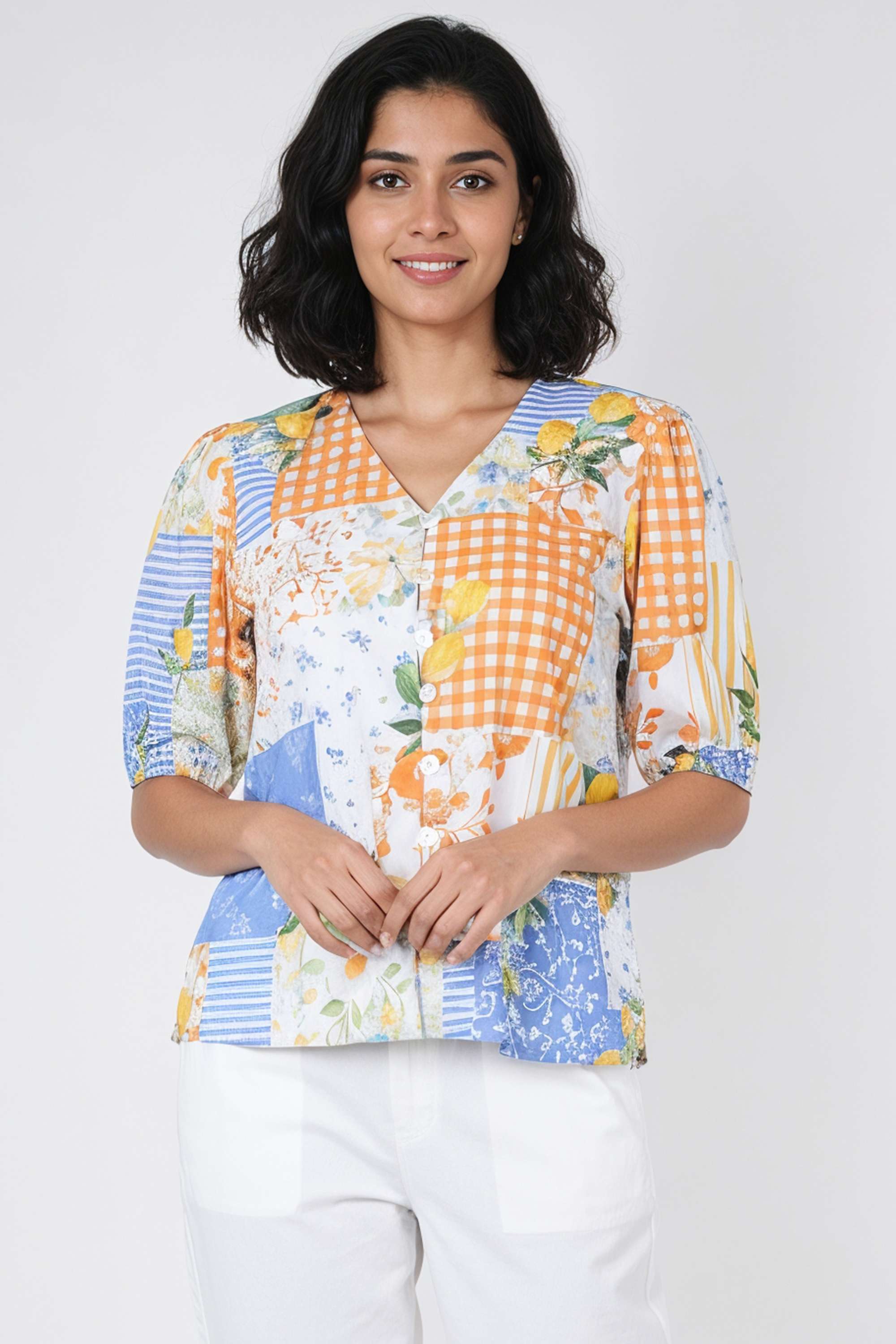 Printed-Blended-Fabric-V-Neck-Women-s-Top